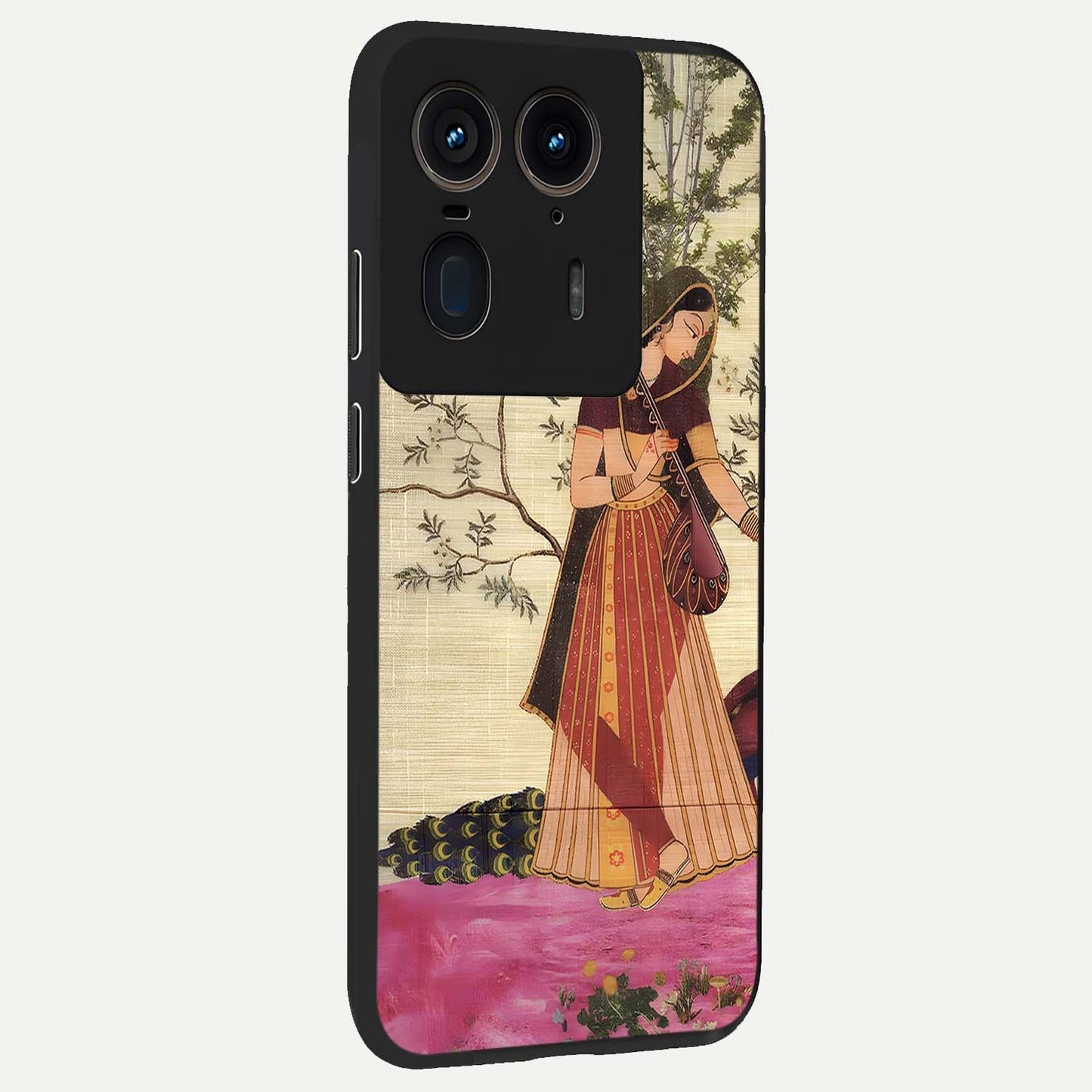 Lady With Veena Art Glass Case upright view showcasing classical veena artwork with traditional artistic theme.