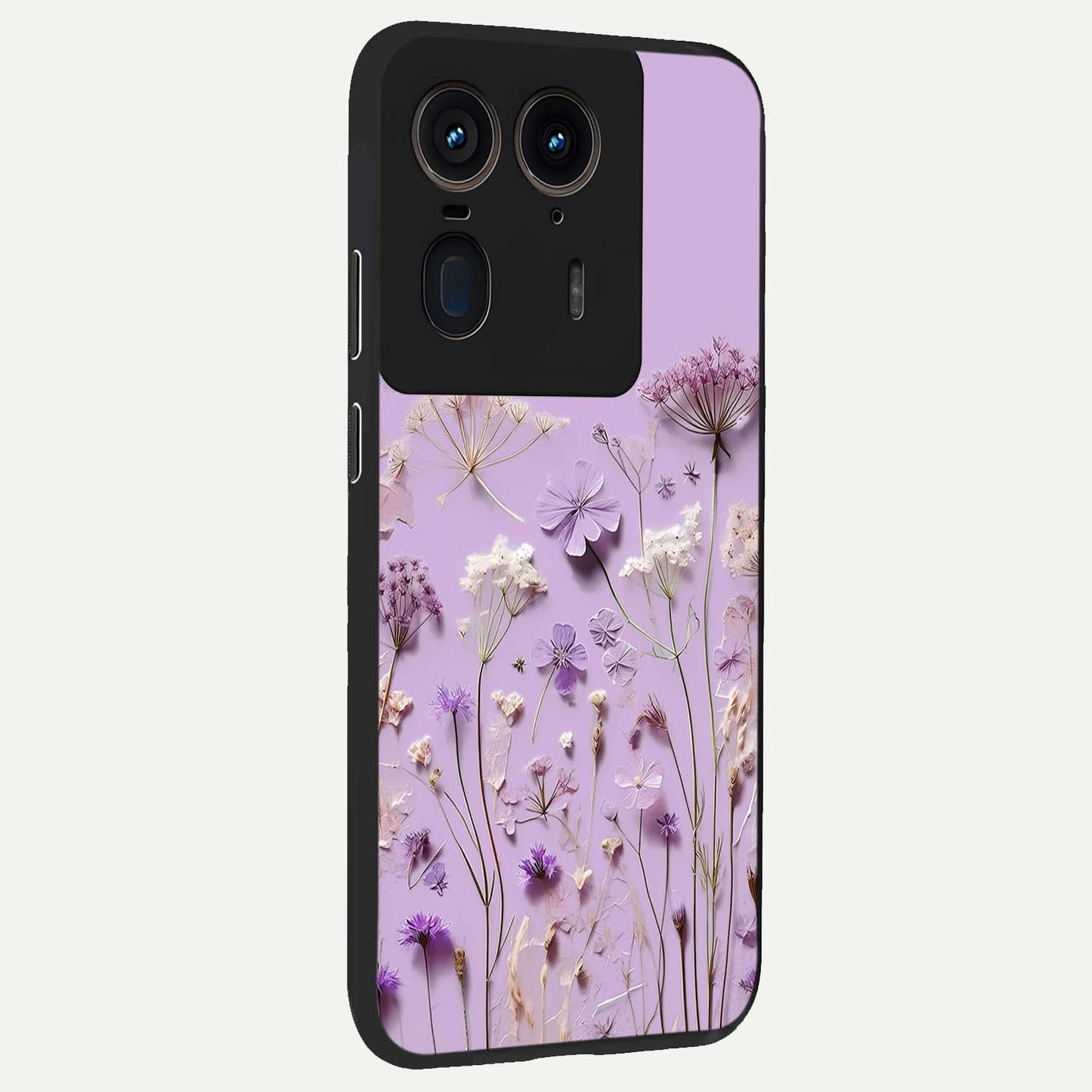Lavender Blossom Dream Glass Case upright view showcasing delicate lavender blossom artwork with peaceful floral theme.