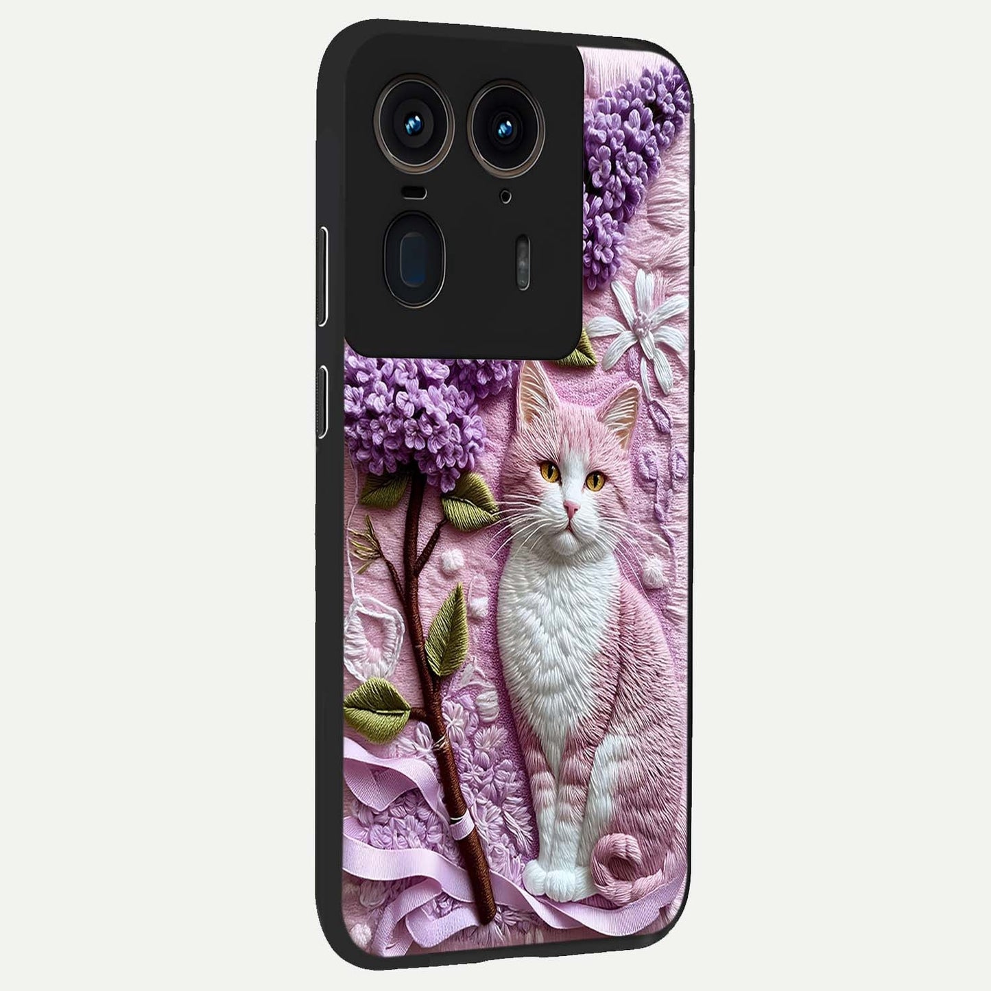 Lavender Cat Whimsy Glass Case upright view showcasing charming cat artwork with whimsical lavender theme.