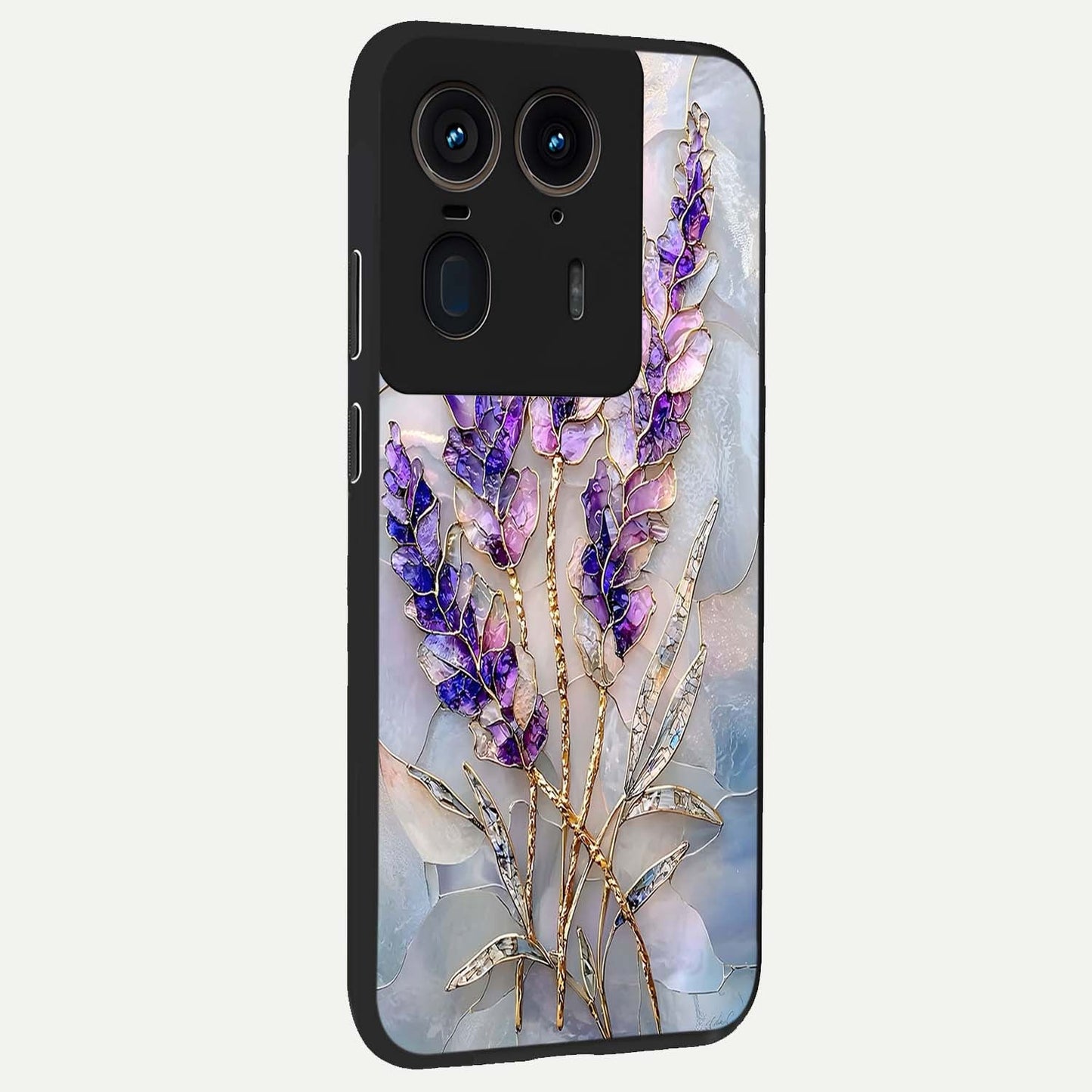 Lavender Dream Glow Glass Case upright view showcasing radiant lavender glow artwork with calming dreamy theme.