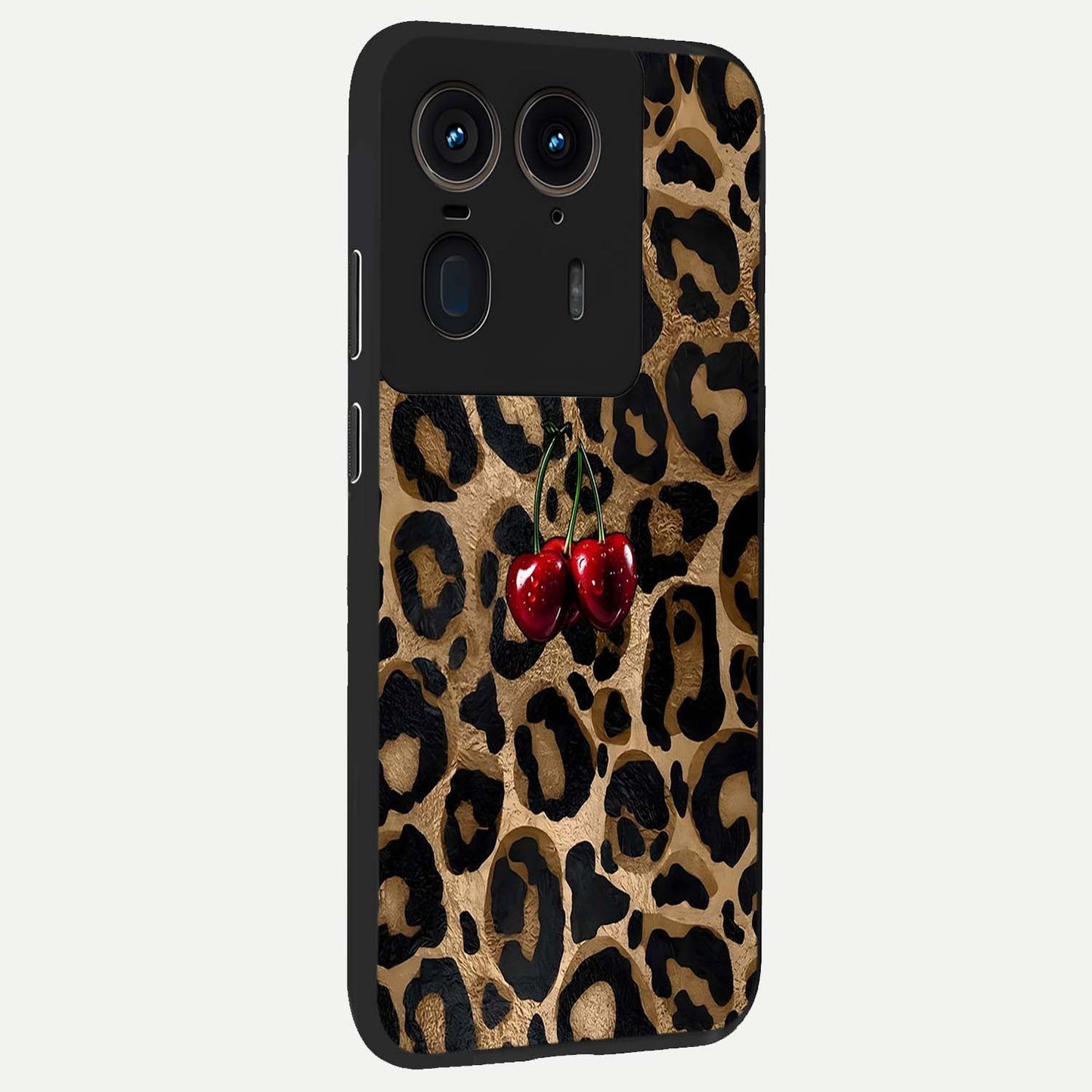 Leopard Wild Cherry Glass Case upright view showcasing stylish leopard pattern artwork with trendy fashion theme.