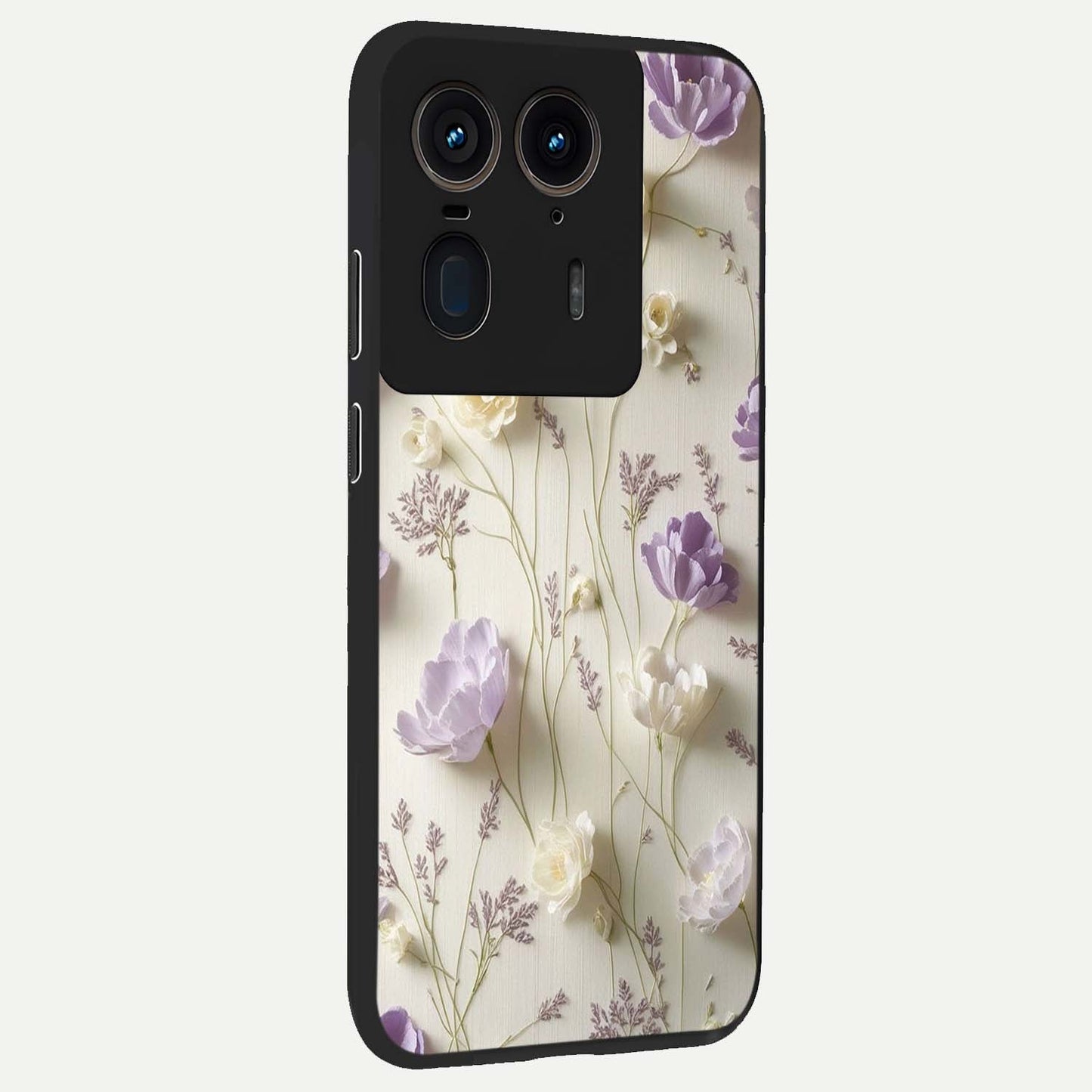 Lilac Breeze Harmony Glass Case upright view showcasing delicate lilac artwork with peaceful floral theme.