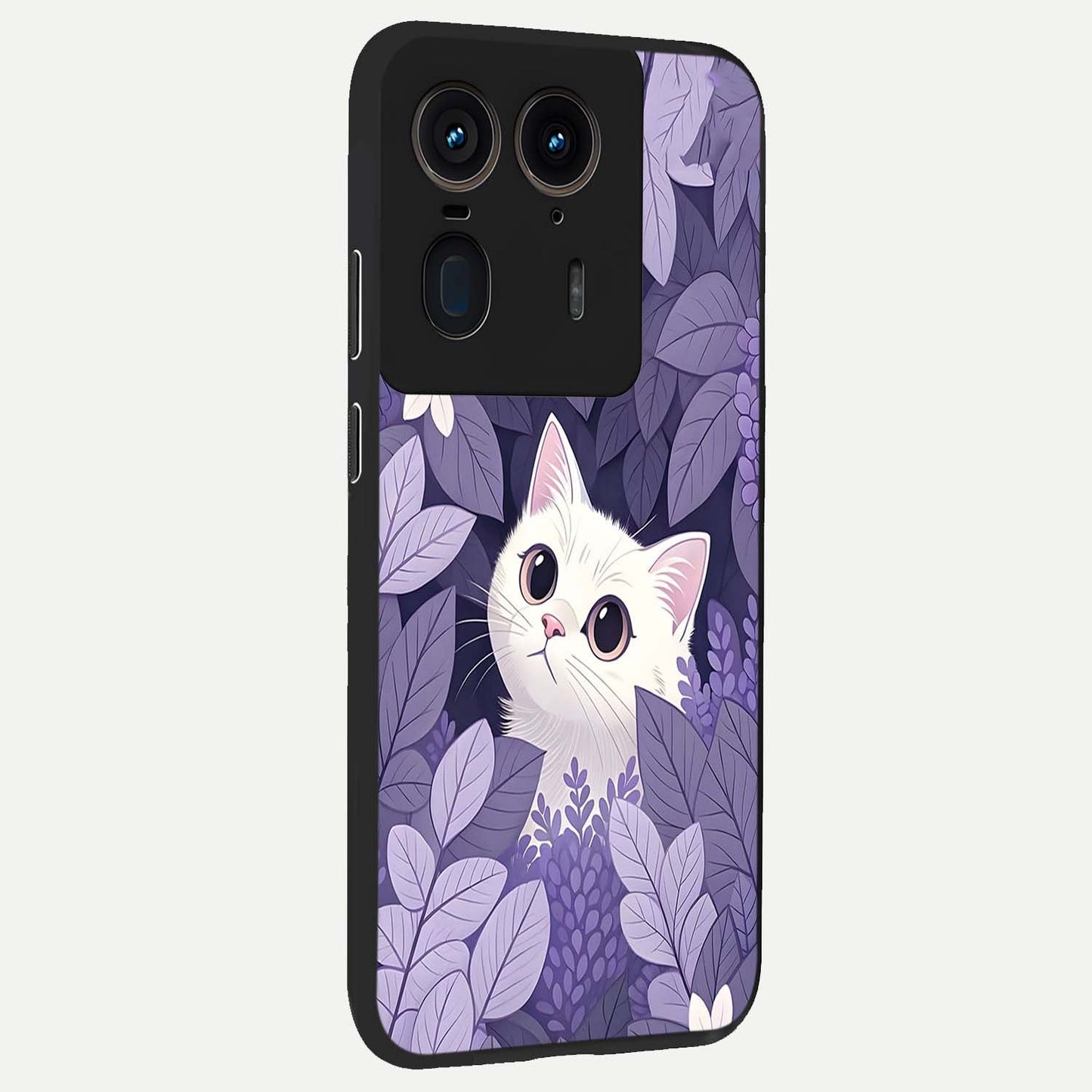Lilac Hide Peek Cat Glass Case upright view showcasing charming cat artwork with adorable peek theme.