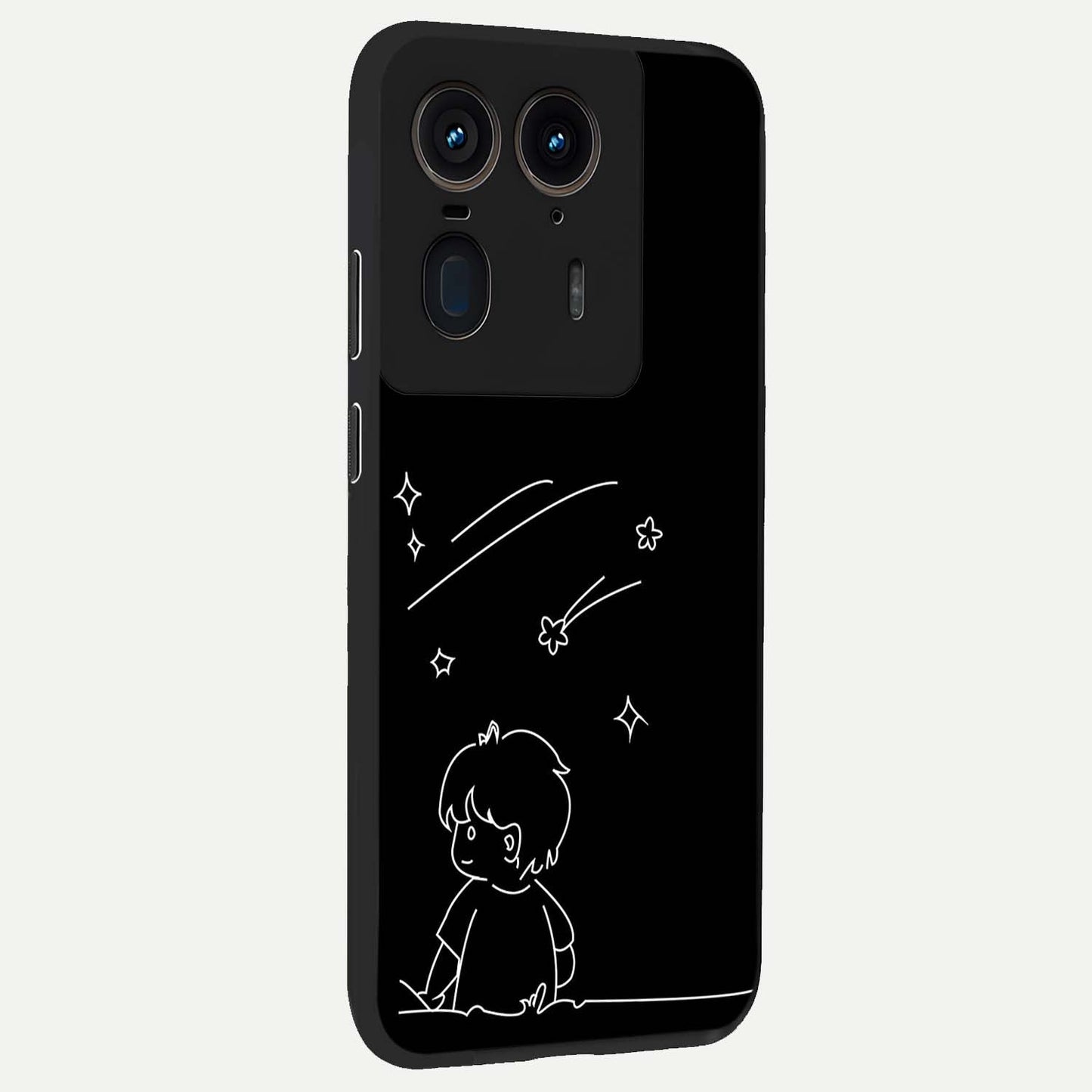 Line Art Boy With Shooting Stars Glass Case upright view showcasing artistic shooting star illustration with minimal style.