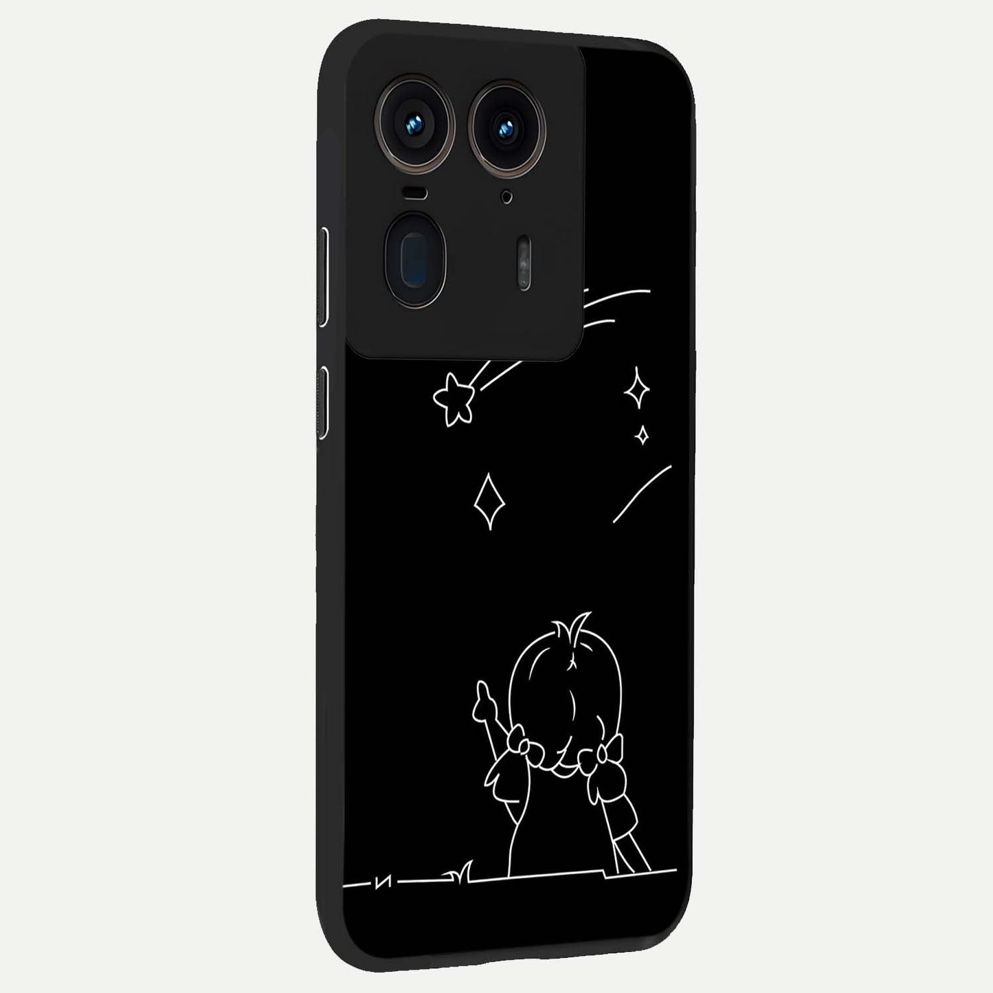 Line Art Girl With Shooting Stars Glass Case upright view showcasing delicate shooting stars artwork with minimal artistic theme.
