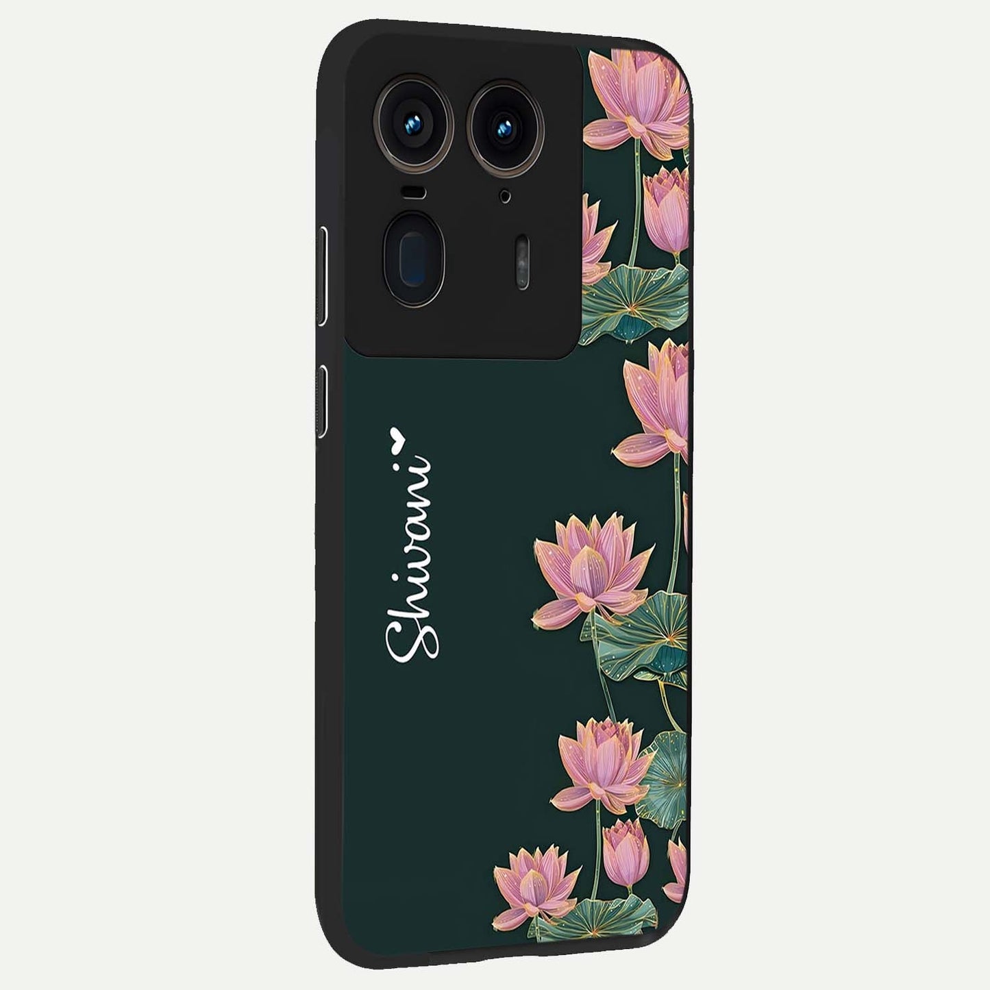 Lotus Bloom Serenity Custom Name Glass Case upright view showcasing serene lotus bloom artwork with personalized floral aesthetic.