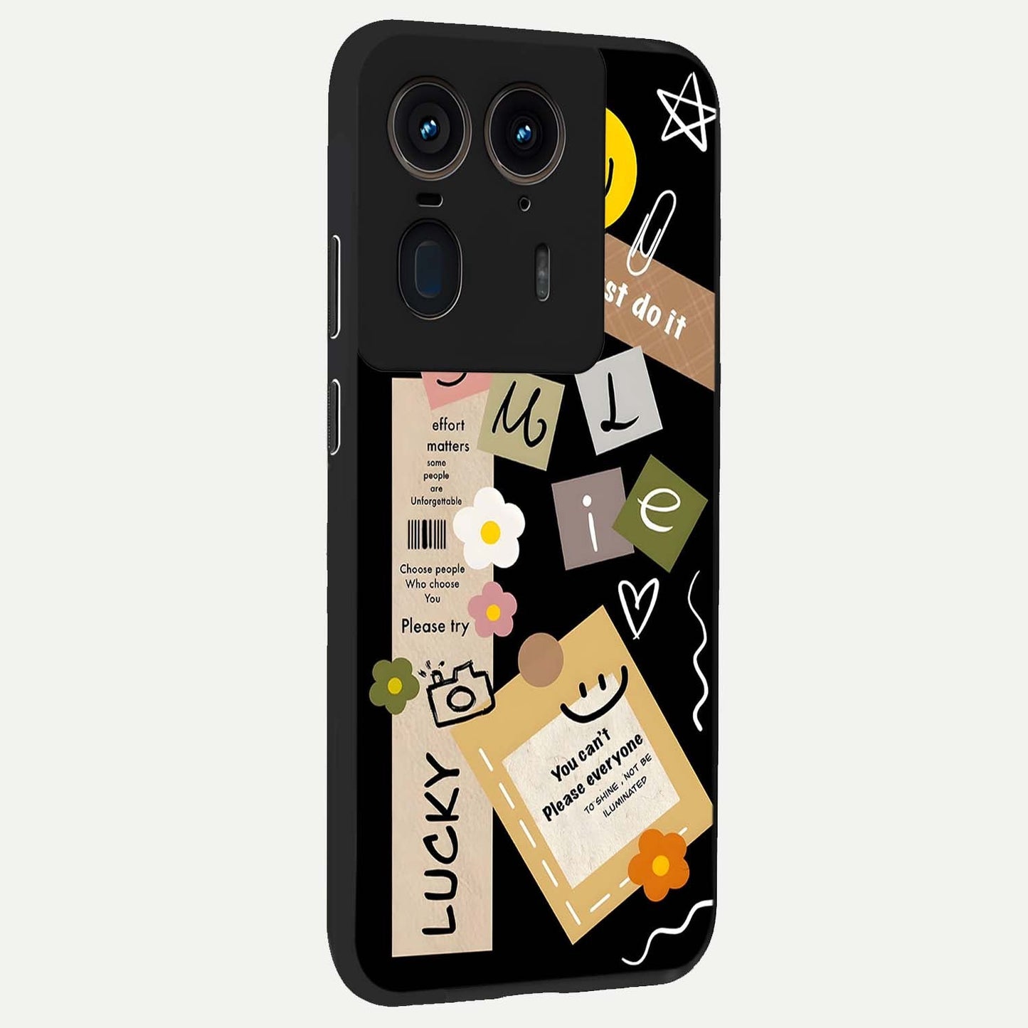 Lucky Aesthetic Collage Glass Case upright view showcasing vibrant collage artwork with youthful aesthetic theme.