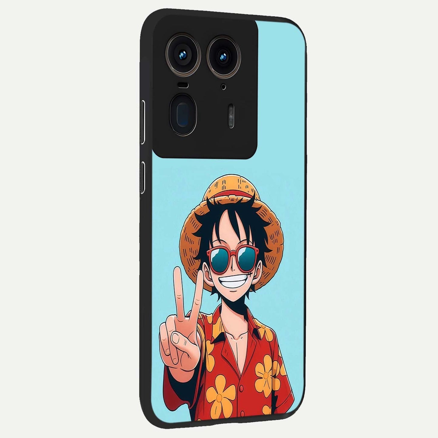 Luffy Summer Anime Vibe Glass Case upright view showcasing dynamic anime artwork with bright adventurous theme.