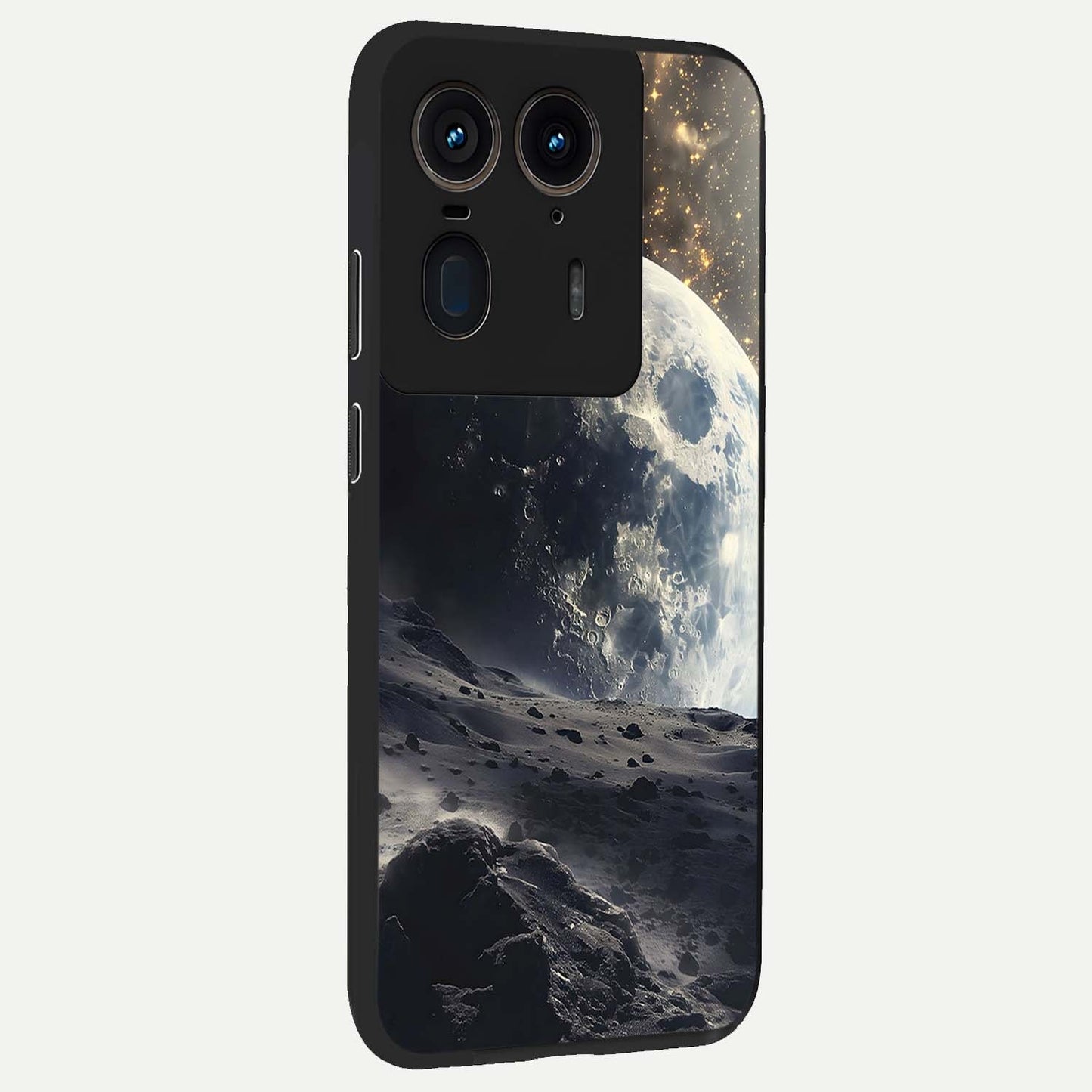 Lunar Horizon Glow Glass Case upright view showcasing radiant lunar artwork with calm cosmic theme.