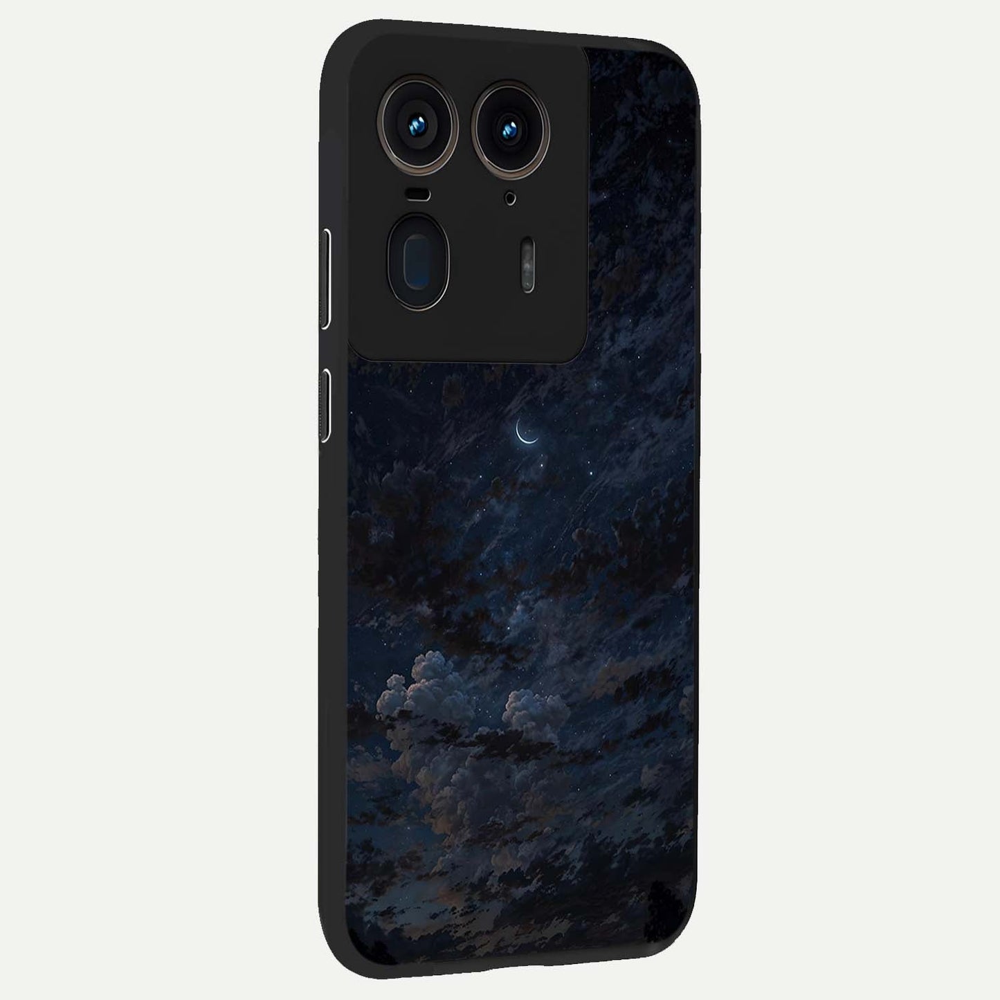 Lunar Veil Silence Glass Case upright view showcasing calm moon themed artwork with serene night atmosphere.