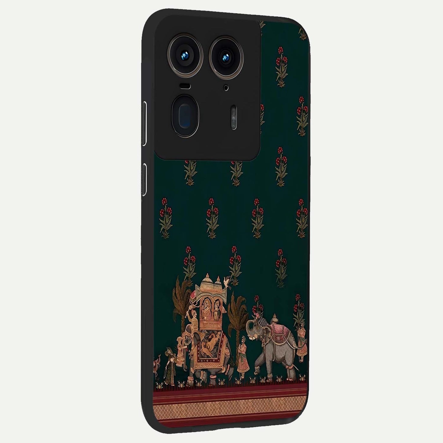 Macmerise Glass Case upright view showcasing bold artistic artwork with contemporary design theme.