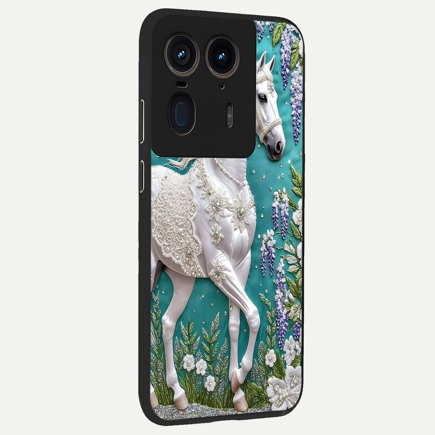 Majestic Floral Stallion Glass Case upright view showcasing dramatic horse artwork with decorative floral theme.