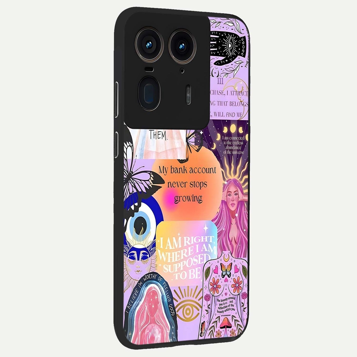 Manifestation Collage Glass Case upright view showcasing artistic manifestation themed artwork with creative style.