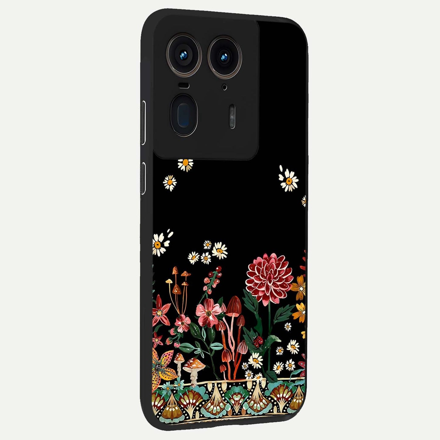 Midnight Bloom Pattern Glass Case upright view showcasing decorative floral artwork with deep night themed palette.