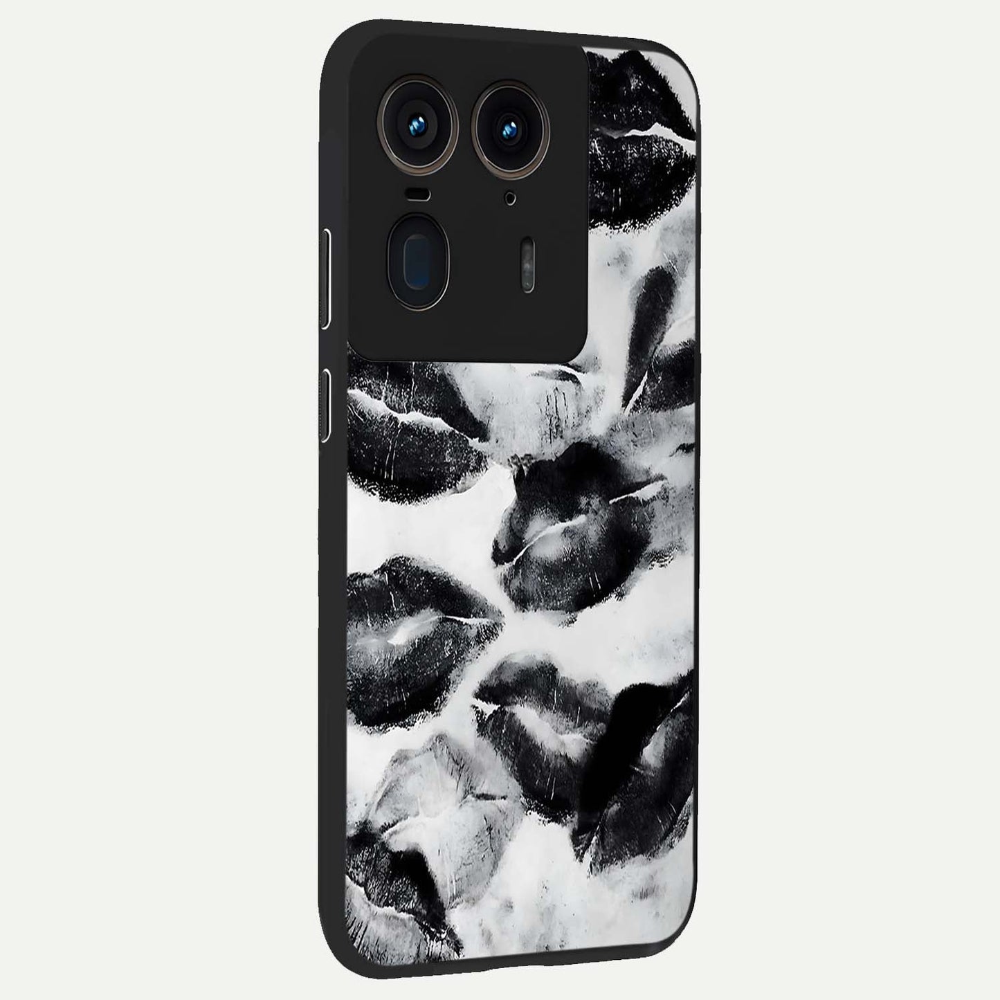 Midnight Kiss Marks Glass Case upright view showcasing stylish kiss mark artwork with trendy romantic theme.