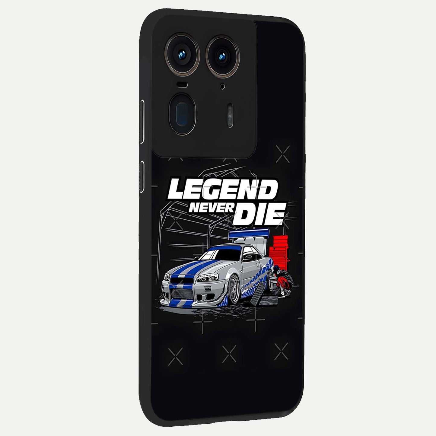 Midnight Racing Legacy Glass Case upright view showcasing powerful racing artwork with modern sports theme.