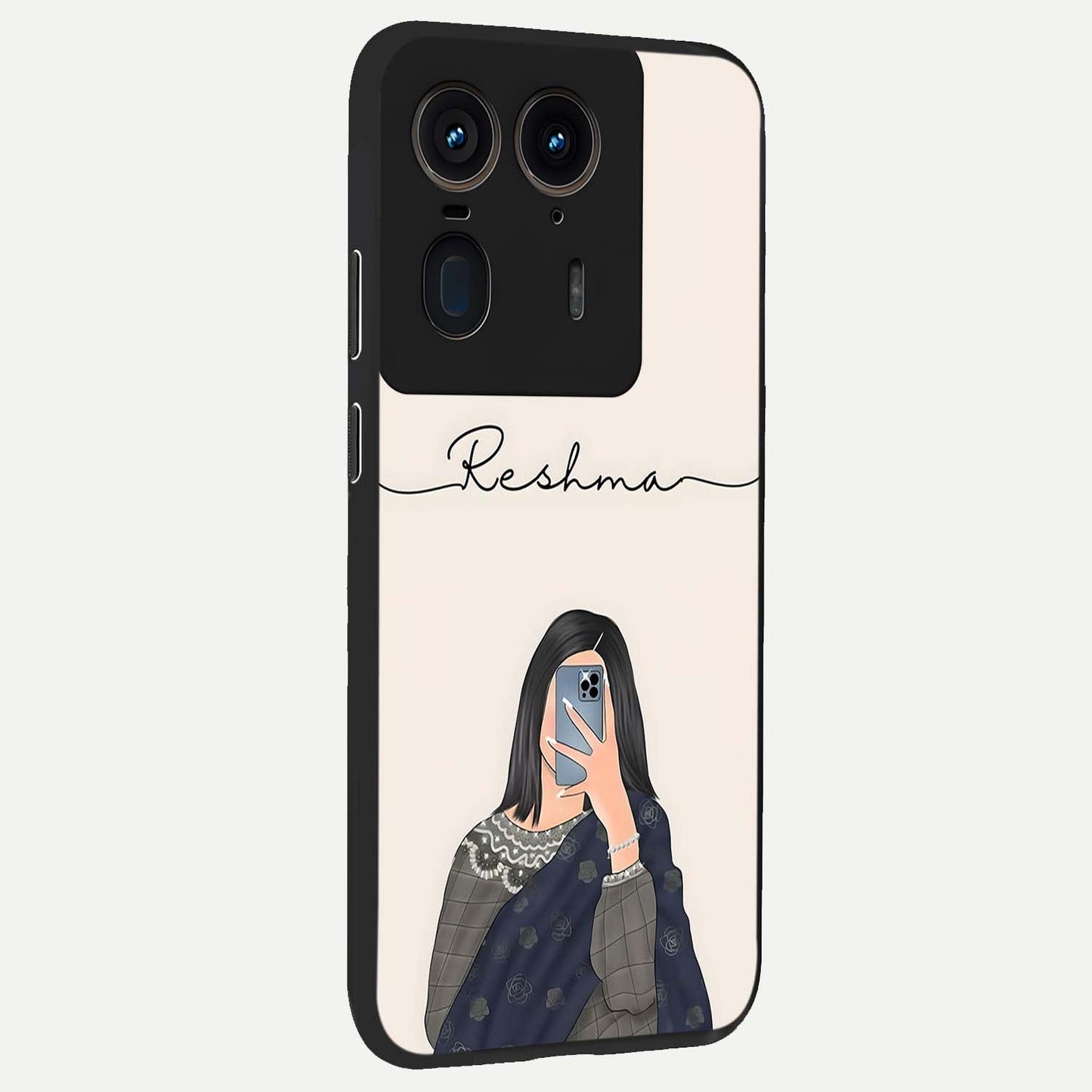 Mirror Mood Muse With Custom Name Glass Case upright view showcasing artistic mirror themed artwork with personalized aesthetic.