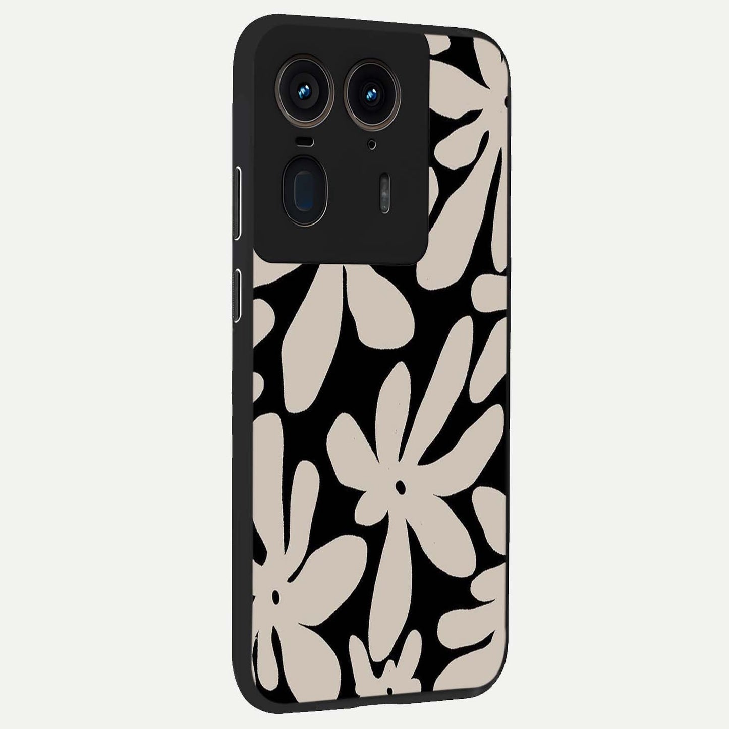 Monochrome Petal Dance Glass Case upright view showcasing artistic floral pattern with stylish monochrome theme.