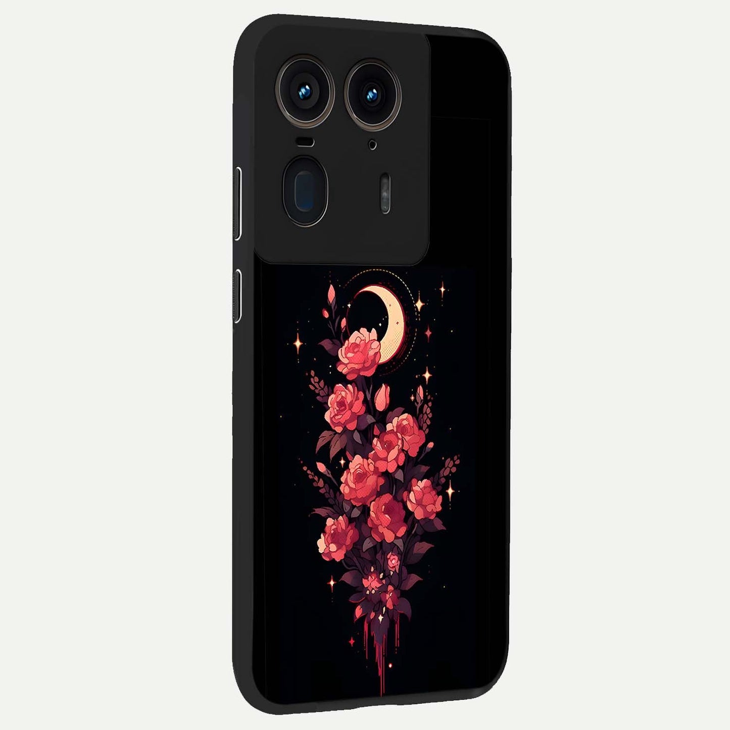 Moonlit Floral Elegance Glass Case upright view showcasing delicate floral artwork with refined night inspired theme.