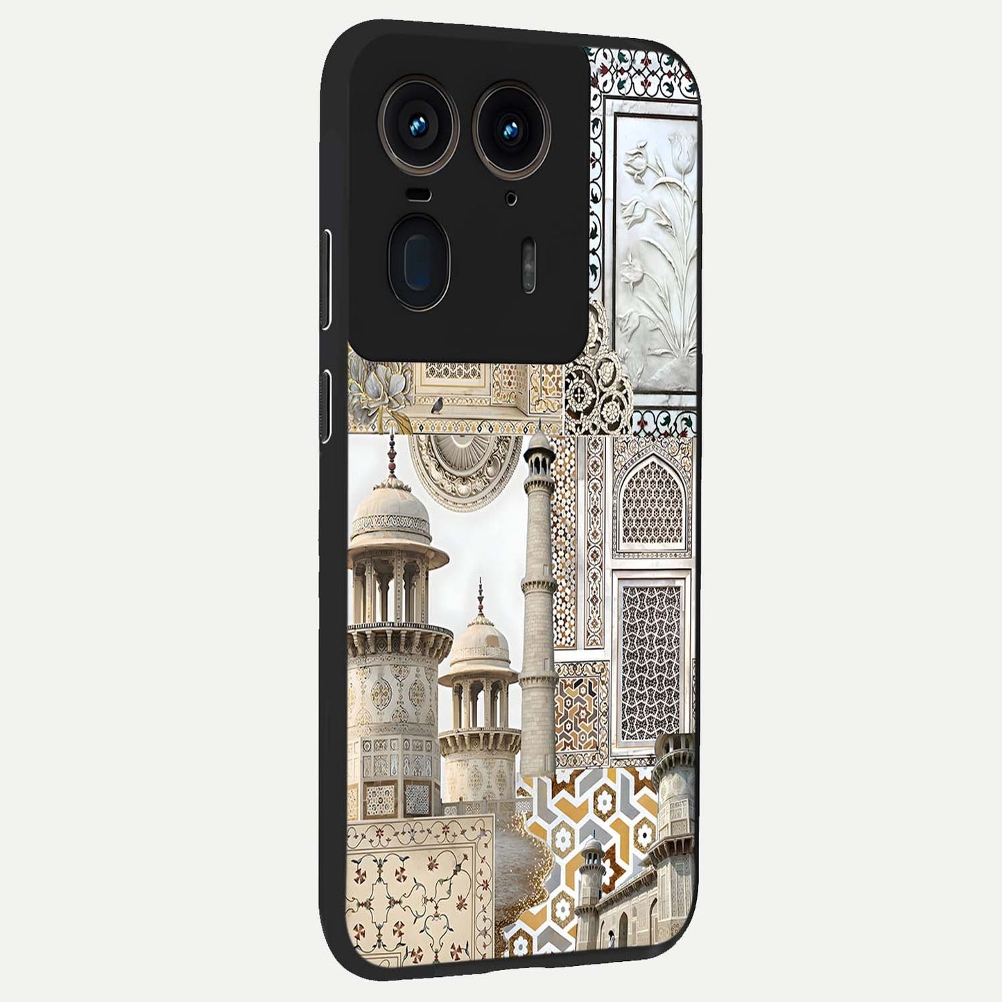 Mughal Marble Legacy Glass Case upright view showcasing ornate Mughal design with luxurious traditional theme.