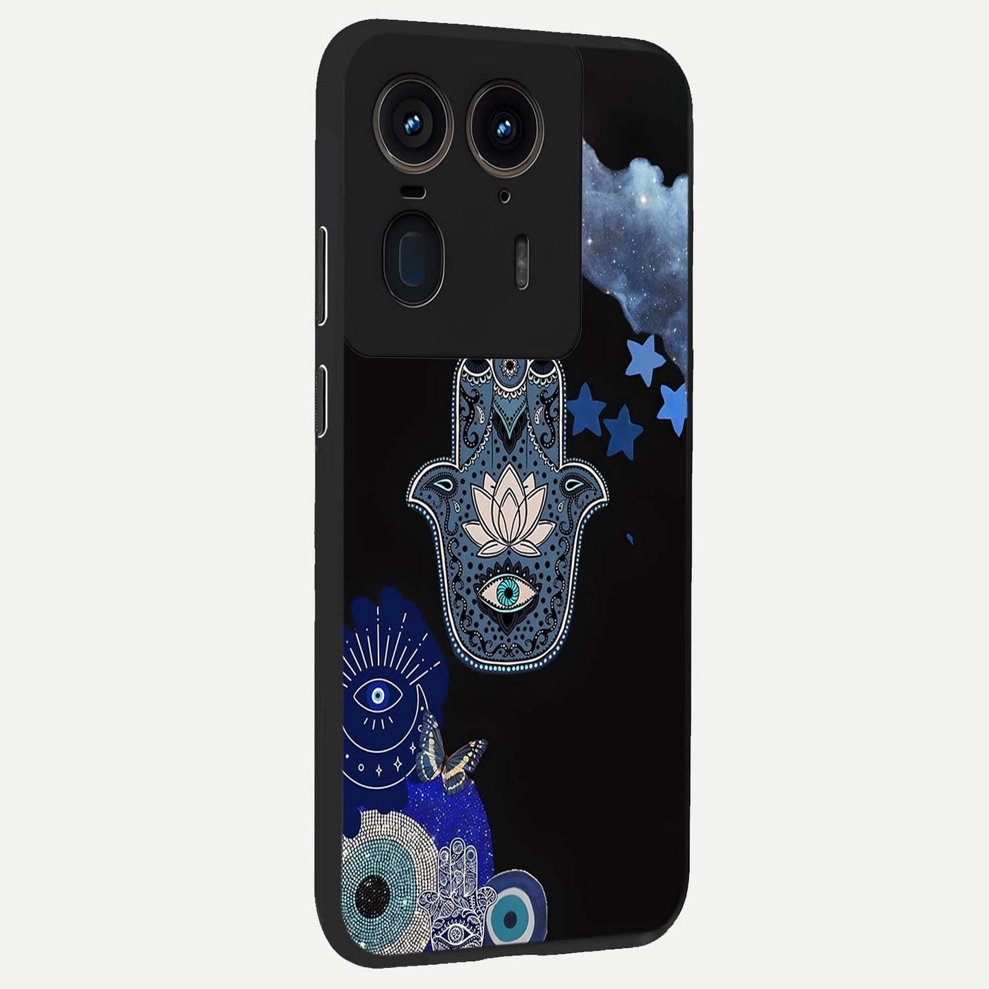 Mystic Hand Aura Glass Case upright view showcasing symbolic hand artwork with mystical energy theme.
