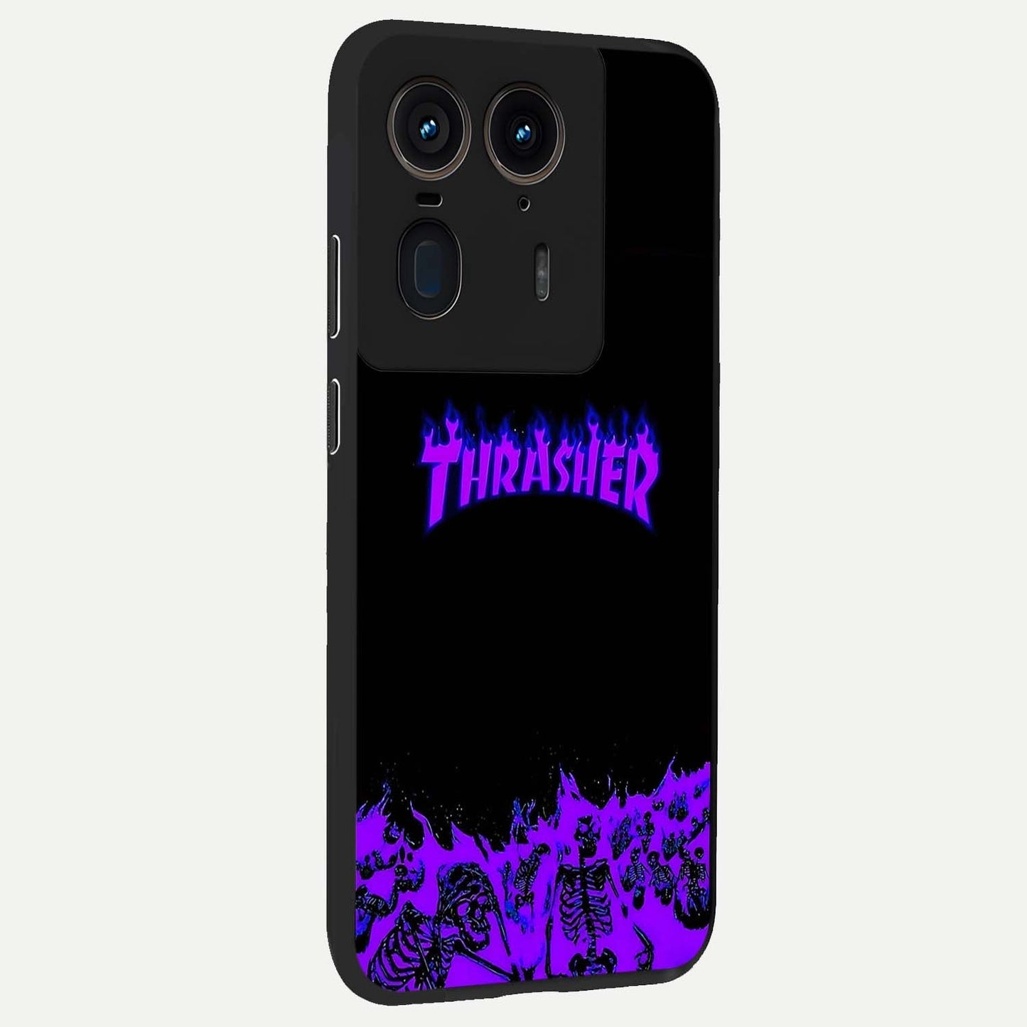 Neon Flame Riot Glass Case upright view showcasing dynamic flame artwork with energetic neon theme.