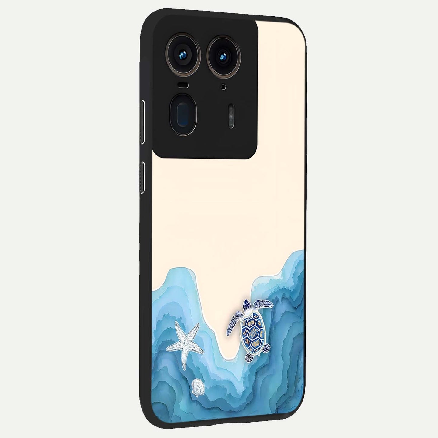 Ocean Drift Turtle Glass Case upright view showcasing calm underwater turtle artwork with nature inspired theme.
