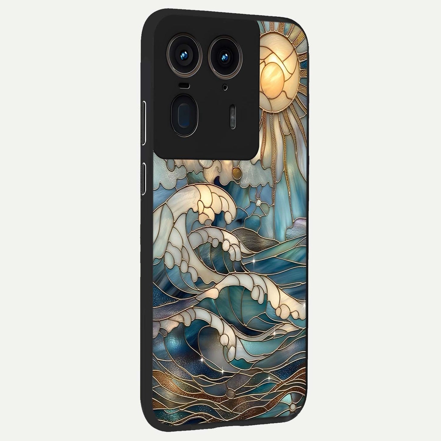 Oceanic Stained Printed Glass Case upright view showcasing decorative ocean pattern artwork with vibrant marine theme.