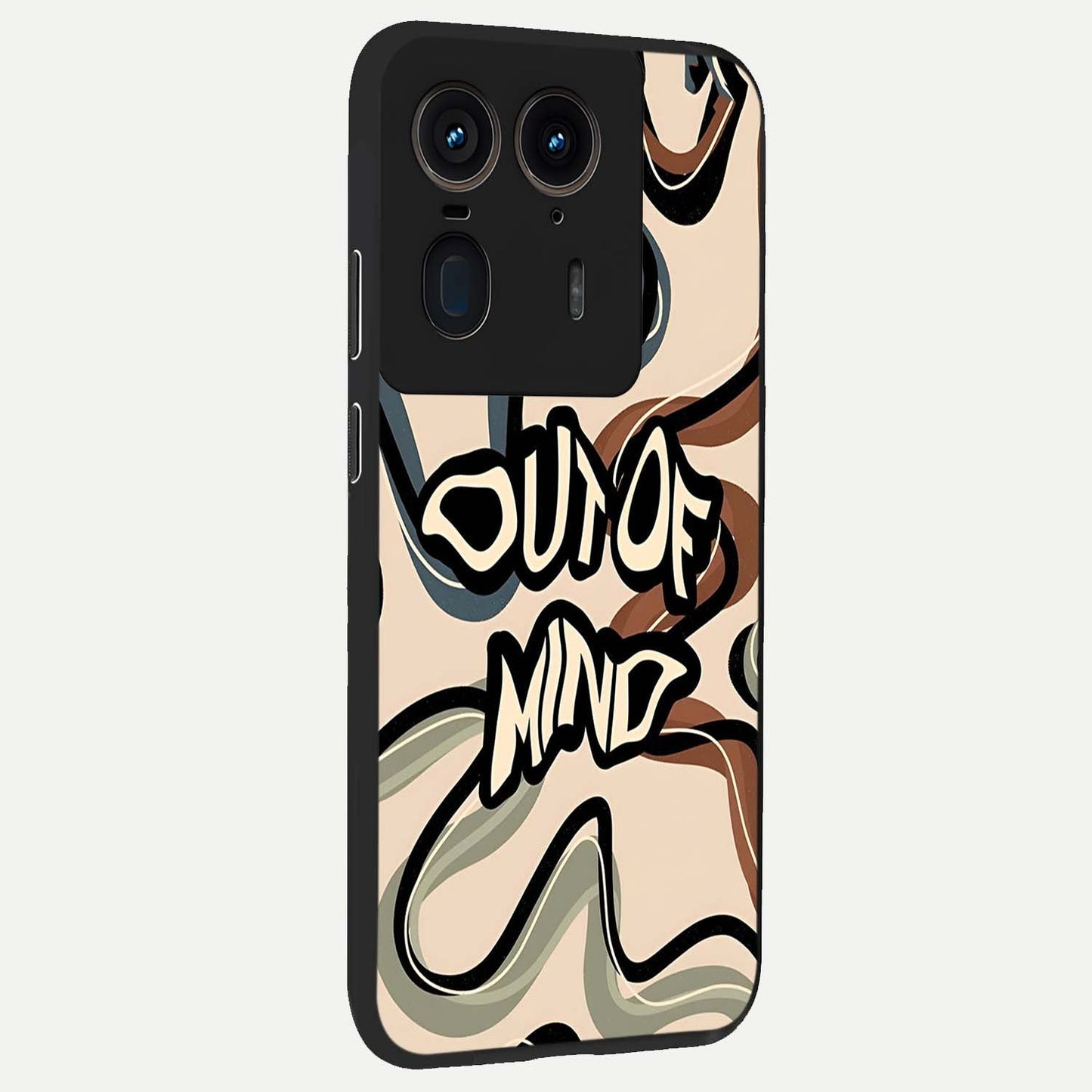 Out Of Mind Glass Case upright view showcasing striking typography artwork with edgy conceptual theme.