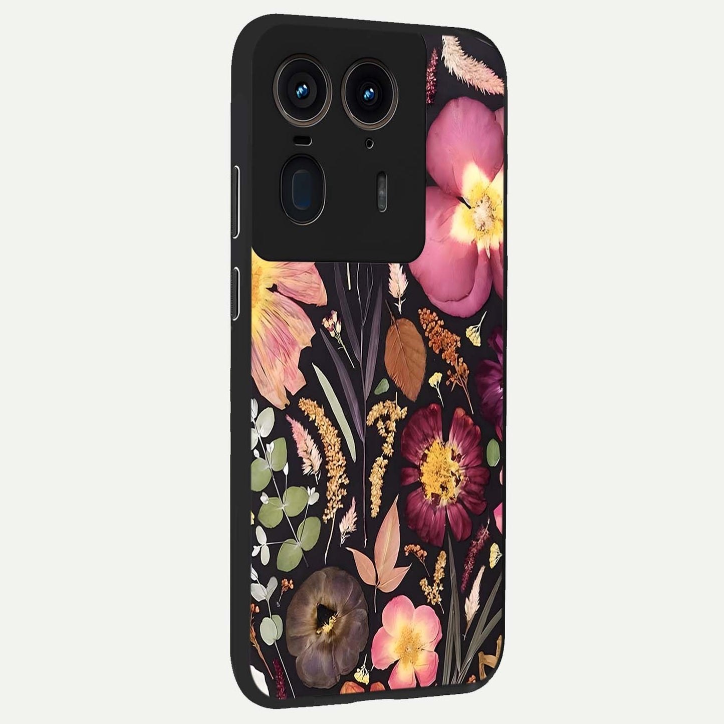 Petal Dream Tapestry Glass Case upright view showcasing detailed floral tapestry artwork with artistic nature theme.