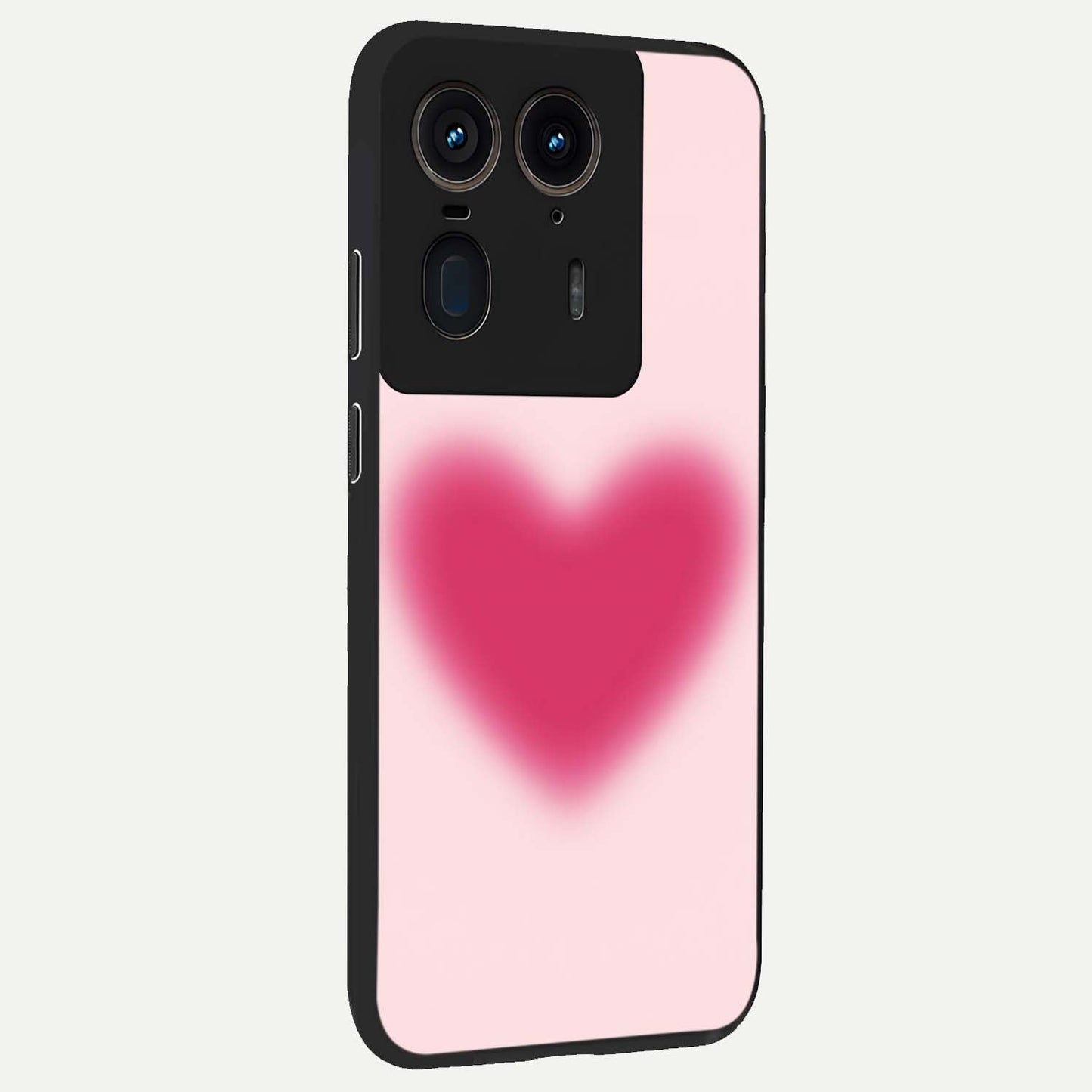 Pink Aura Heart Glass Case upright view showcasing romantic heart artwork with soft pastel theme.