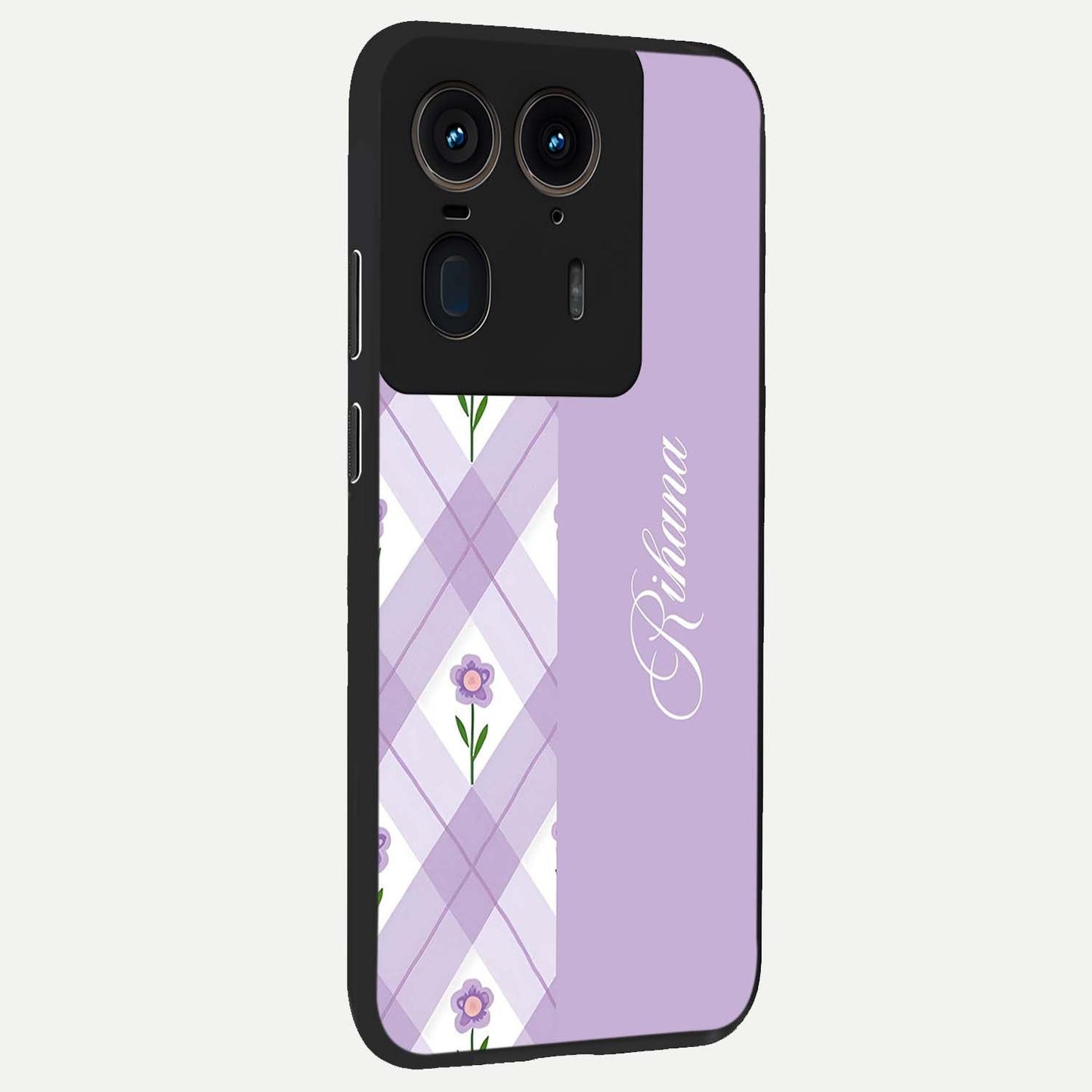 Purple Diamond Floral Glass Case upright view showcasing vibrant floral artwork with stylish geometric theme.