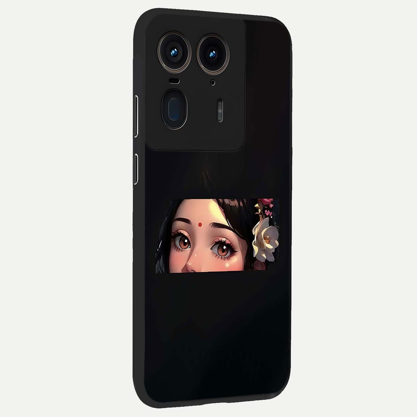 Radha Divine Embrace Glass Case upright view showcasing sacred Radha themed artwork with peaceful devotional style.