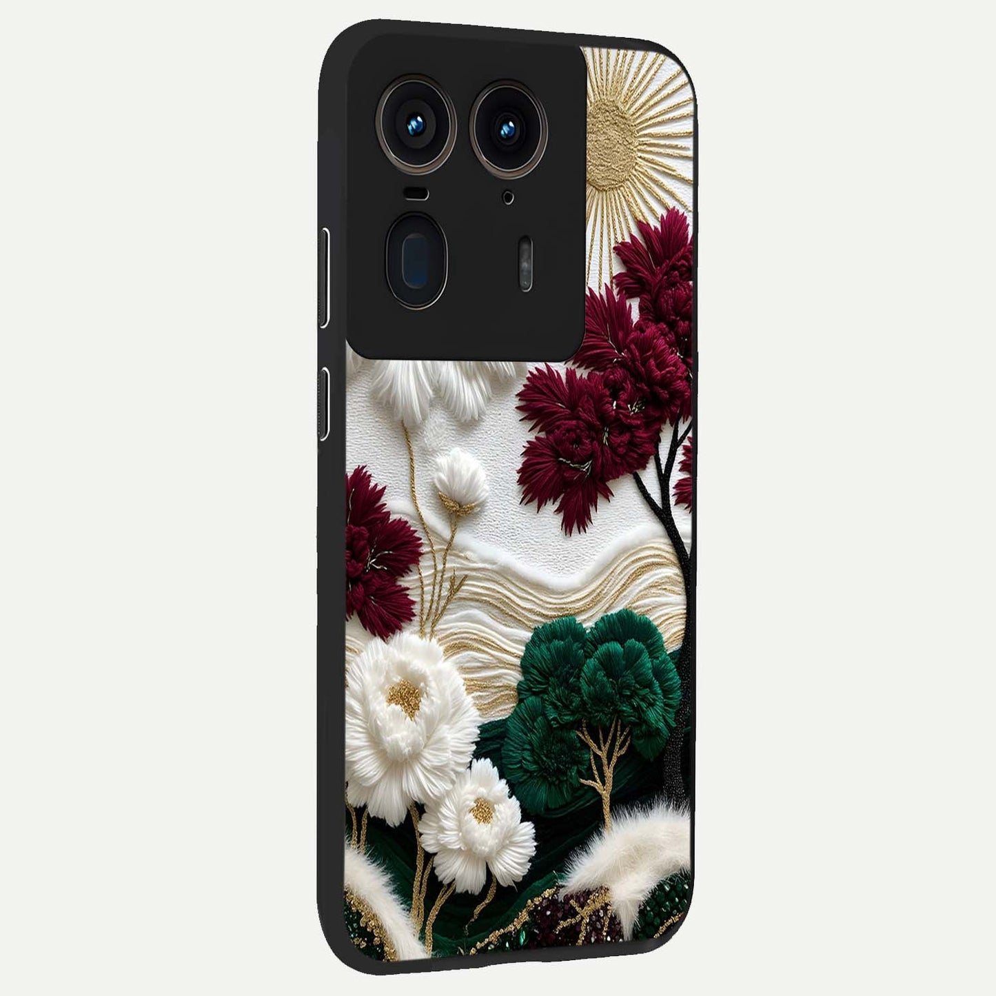 Radiant Bloom Elegance Glass Case upright view showcasing decorative flower artwork with refined botanical theme.