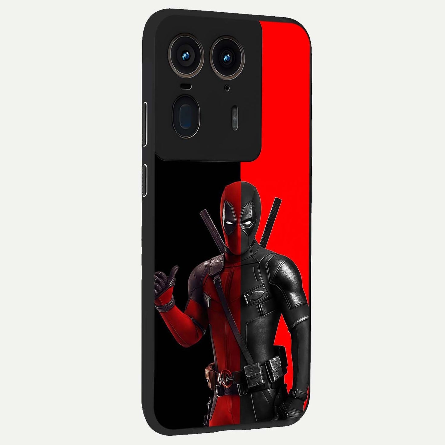 Red & Black Deadpool Theme Glass Case upright view showcasing energetic comic themed artwork with striking red and black design.