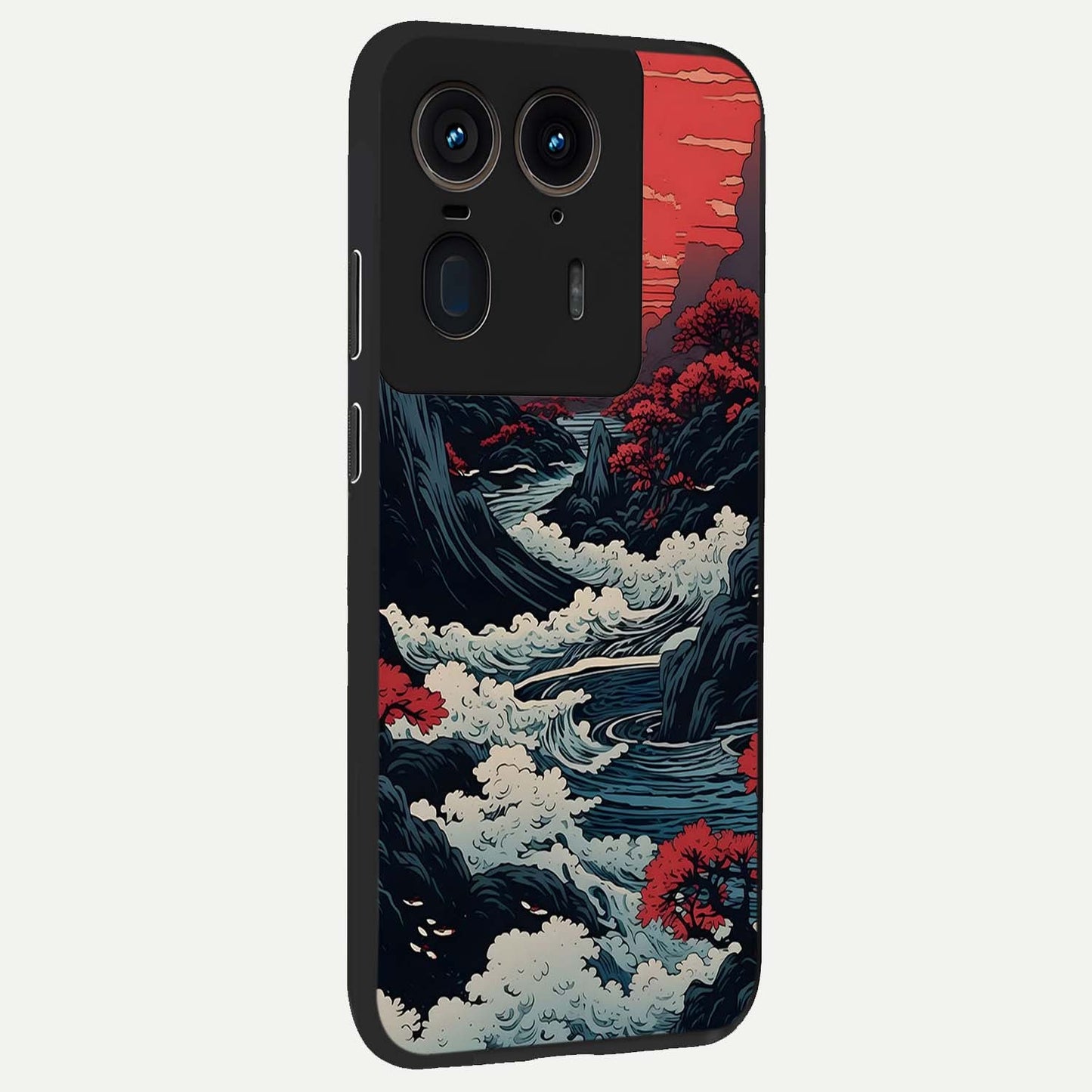 Red Sunset Scenery Glass Case upright view showcasing dramatic sunset scenery artwork with warm nature theme.