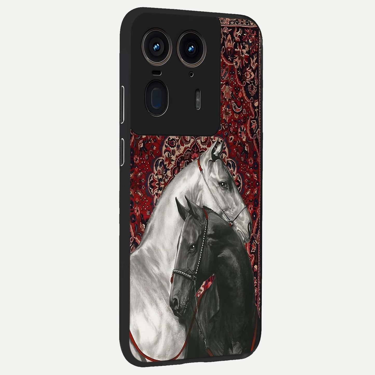 Regal Stallion Tapestry Glass Case upright view showcasing powerful horse artwork with elegant tapestry theme.