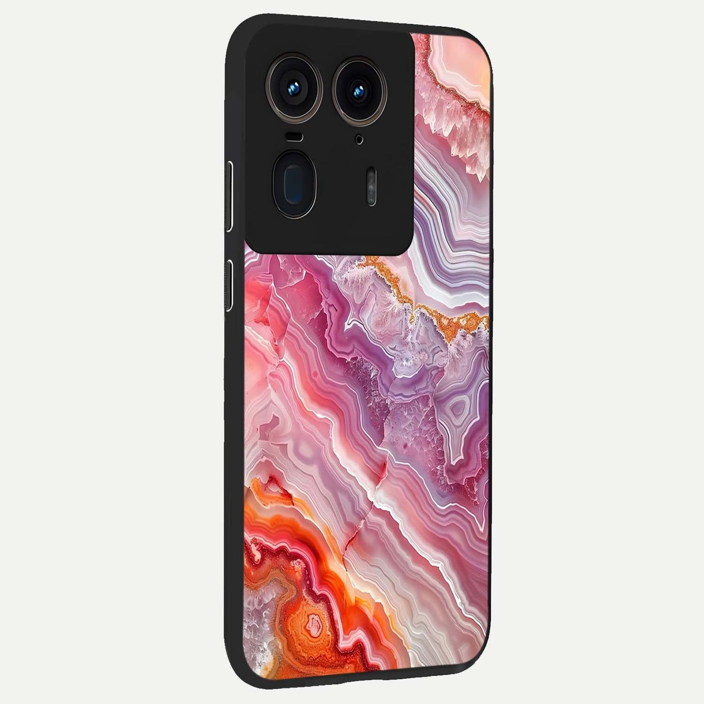 Rose Quartz Marble Glass Case upright view showcasing decorative marble artwork with luxurious pastel theme.
