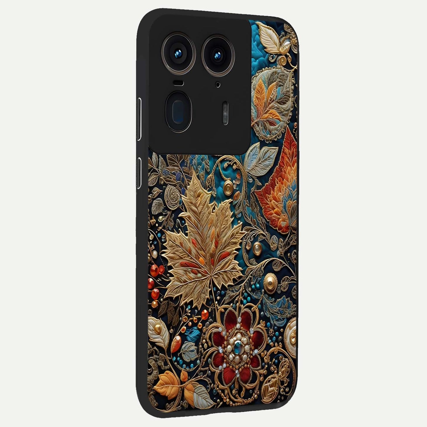 Royal Jewel Garden Glass Case upright view showcasing rich floral artwork with luxurious garden theme.