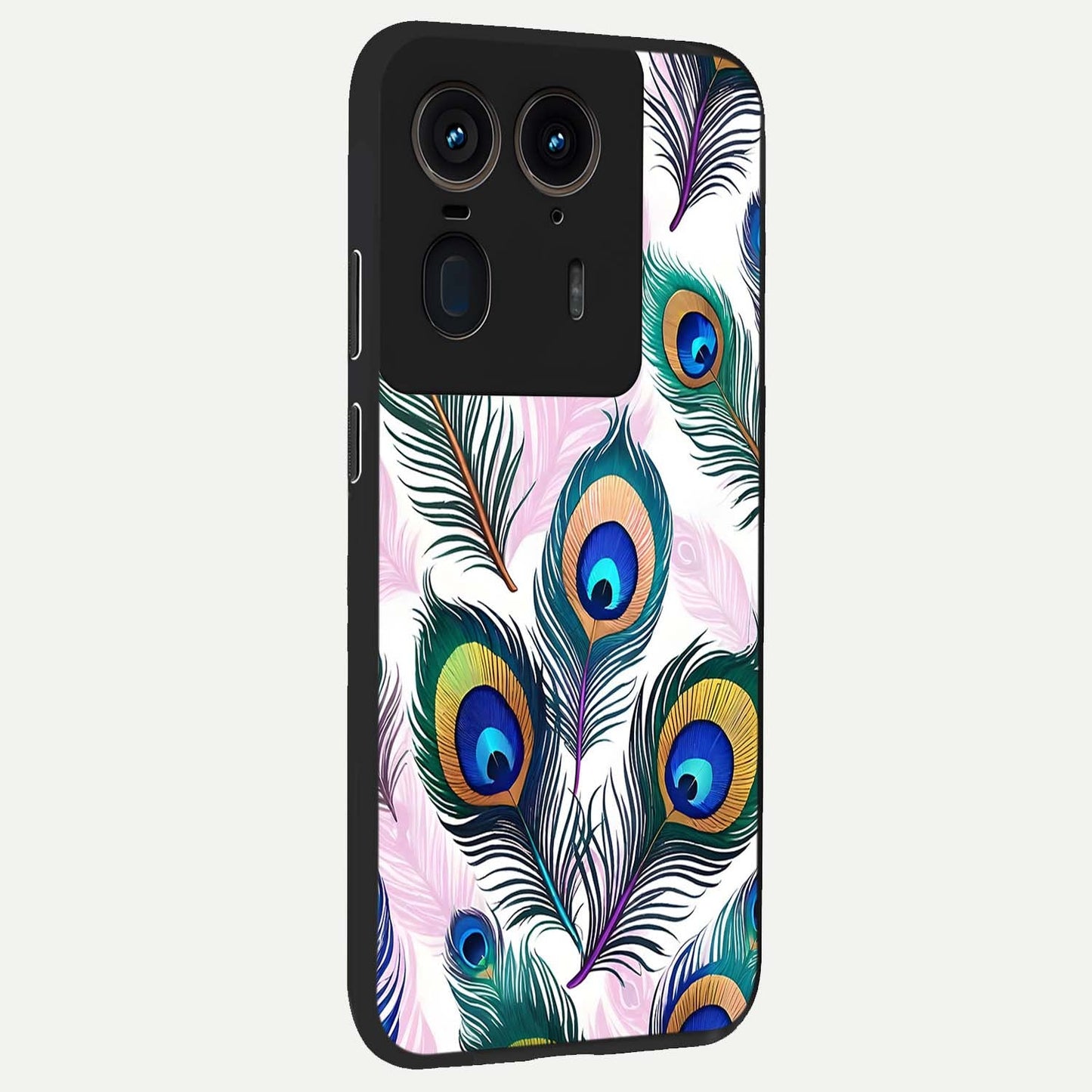 Royal Peacock Feathers Glass Case upright view showcasing elegant peacock feather artwork with decorative royal theme.