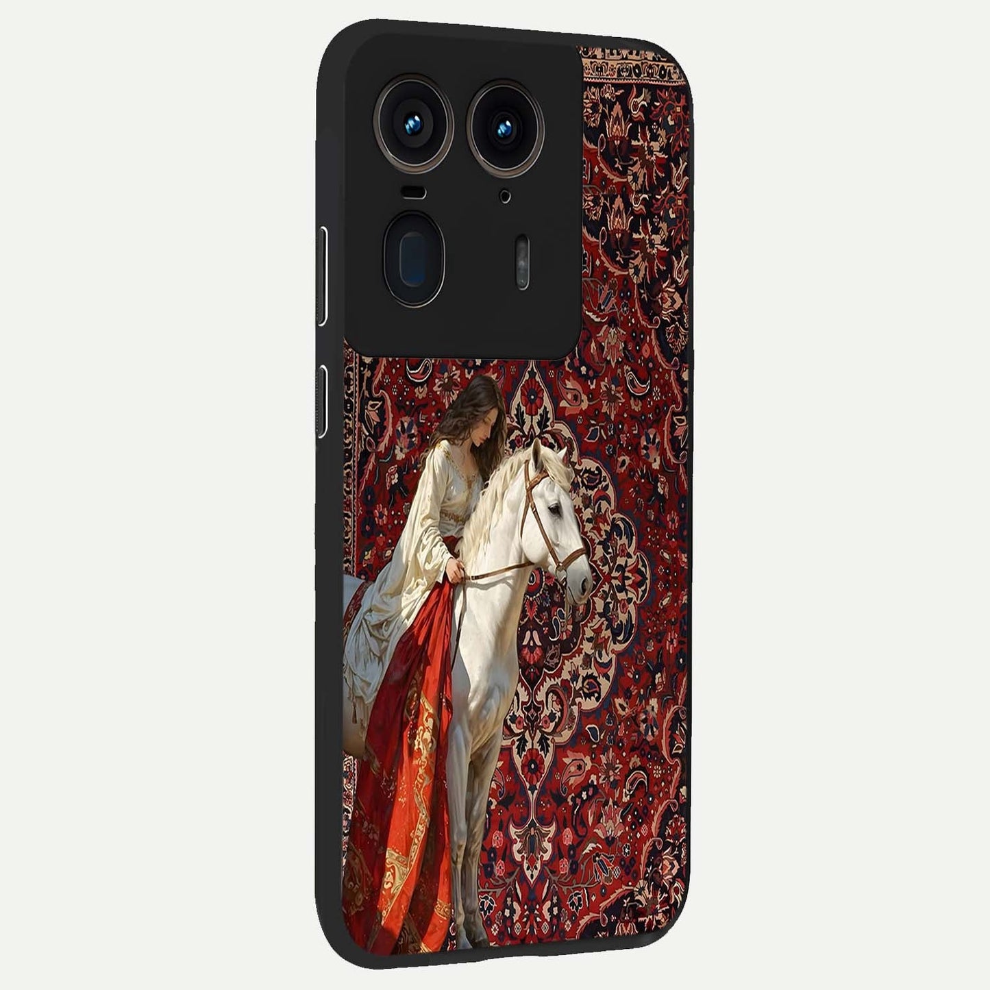 Royal Rider Tapestry Glass Case upright view showcasing detailed rider artwork with classic tapestry theme.