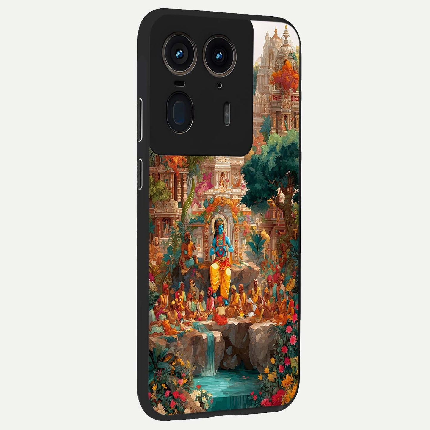 Sacred Sunlight Gods Glass Case upright view showcasing glowing divine artwork with sacred mythological theme.