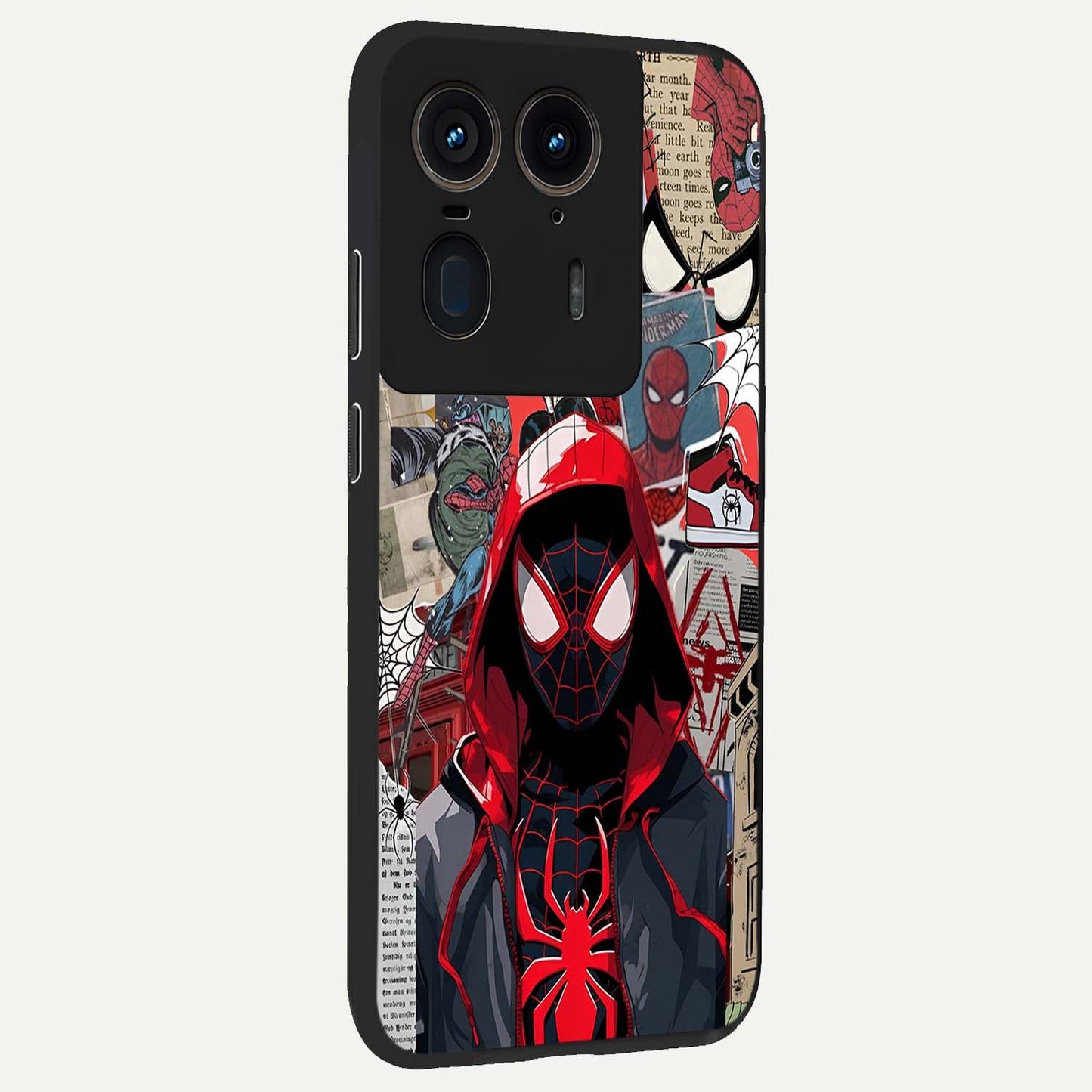 Spider Collage Street Glass Case upright view showcasing bold superhero artwork with urban street theme.