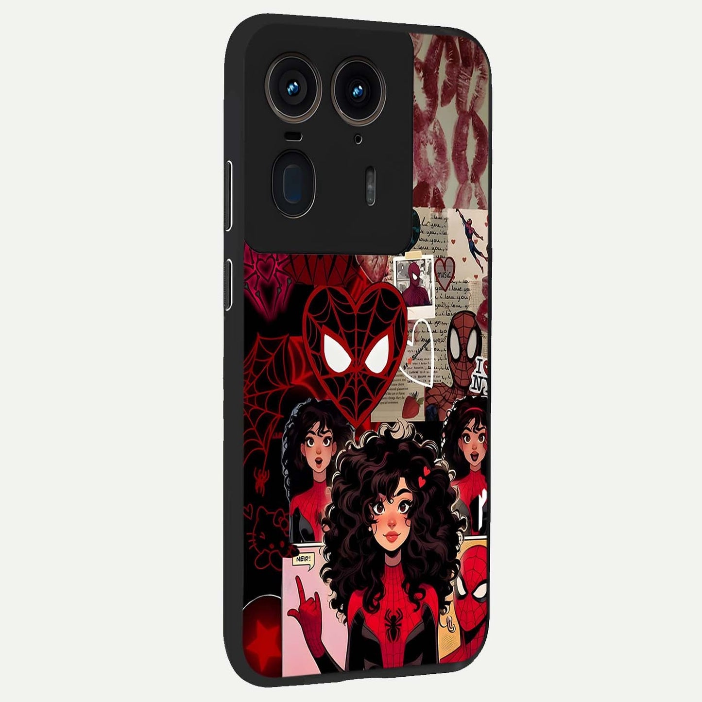 Spider Love Story Glass Case upright view showcasing charming superhero artwork with romantic comic theme.