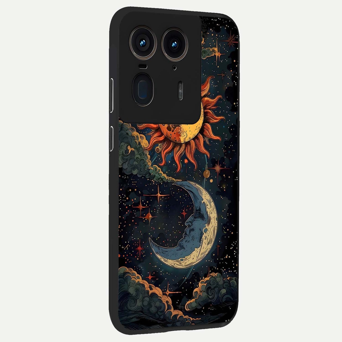Sun And Moon Magic Design Glass Case upright view showcasing decorative sun and moon artwork with spiritual celestial theme.