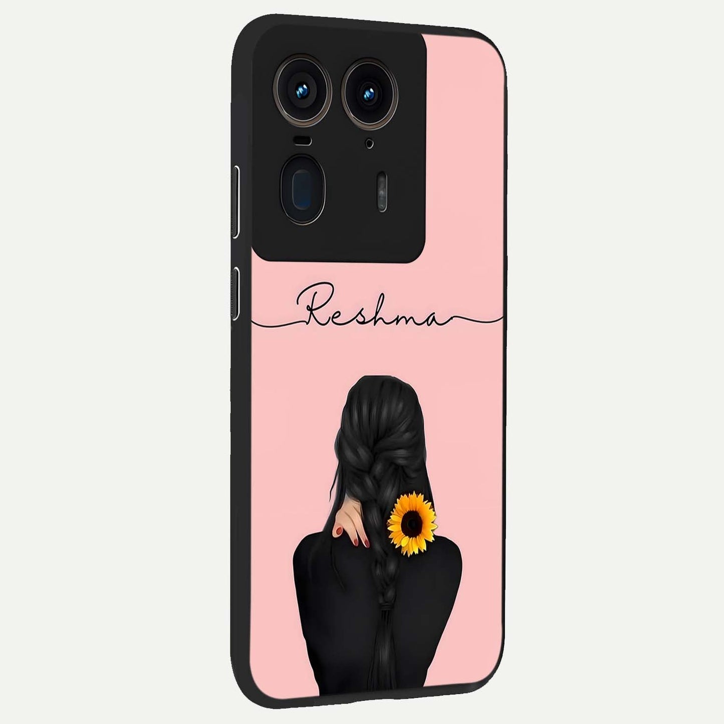 Sunflower Braid Beauty With Custom Name Glass Case upright view showcasing bright sunflower artwork with personalized floral aesthetic.