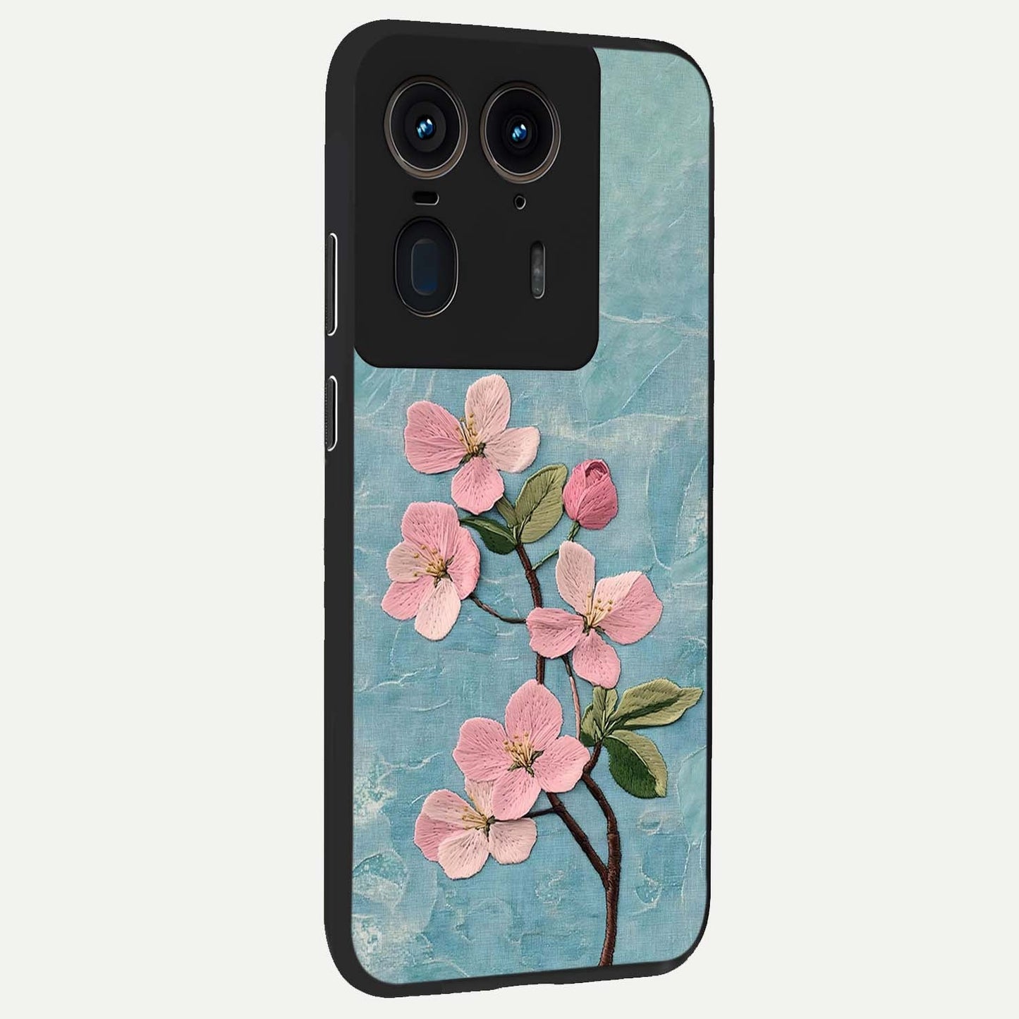 Threaded Blossom Breeze Glass Case upright view showcasing graceful flower artwork with calm botanical theme.