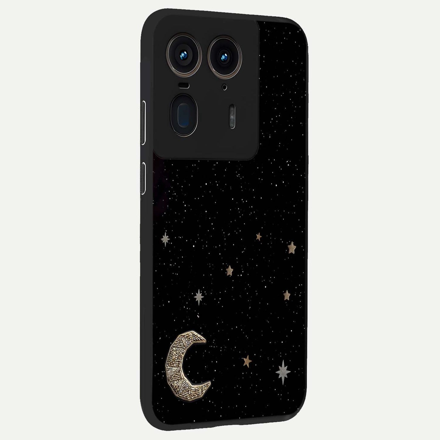 Twinkle Star With Half Moon Glass Case upright view showcasing glowing cosmic artwork with dreamy night theme.