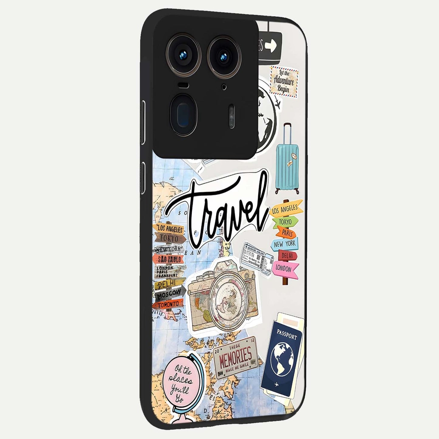 Wanderlust Journal Glass Case upright view showcasing wanderlust inspired artwork with creative exploration theme.