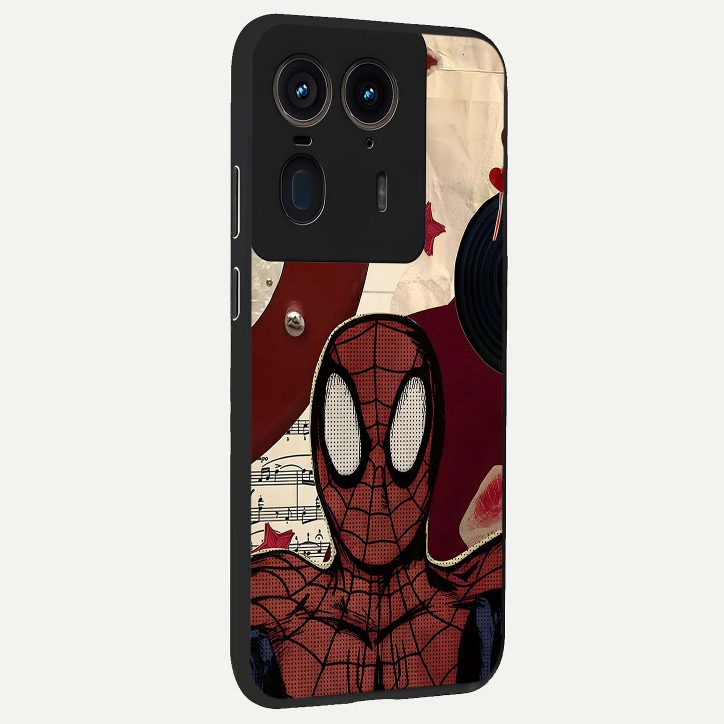 Web Warrior Vibes Glass Case upright view showcasing energetic superhero artwork with bold action theme.